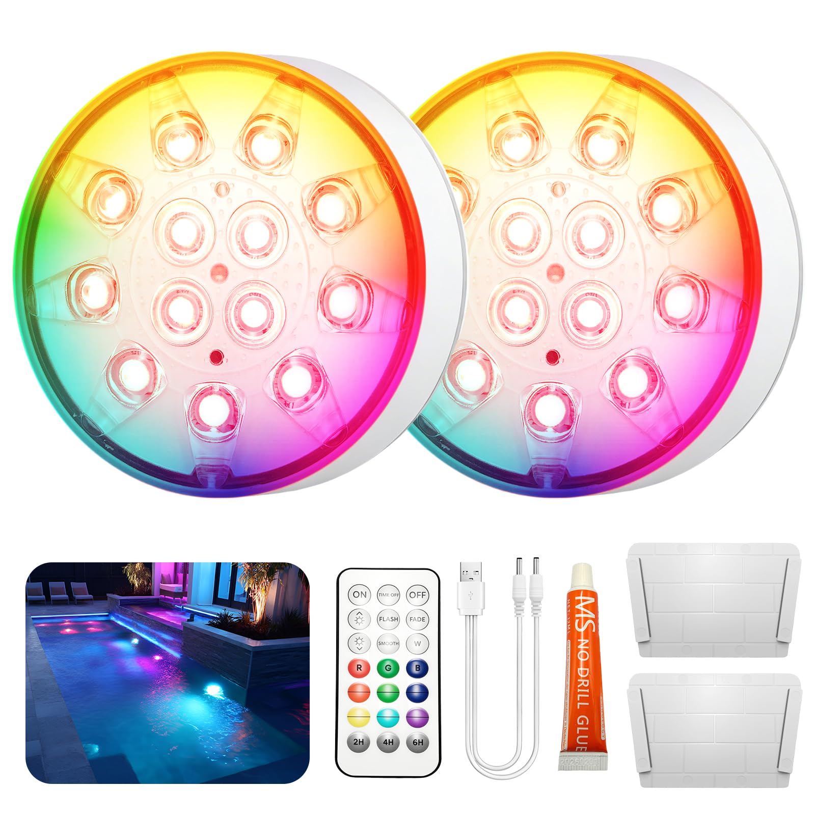 HOSSOM 2 Luces LED Sumergibles Piscina Recargables con Control Remoto, Luces LED de 16 colores, Luces para Piscina Impermeable IP68, para Piscinas, Estanques, Fuentes y Acuarios