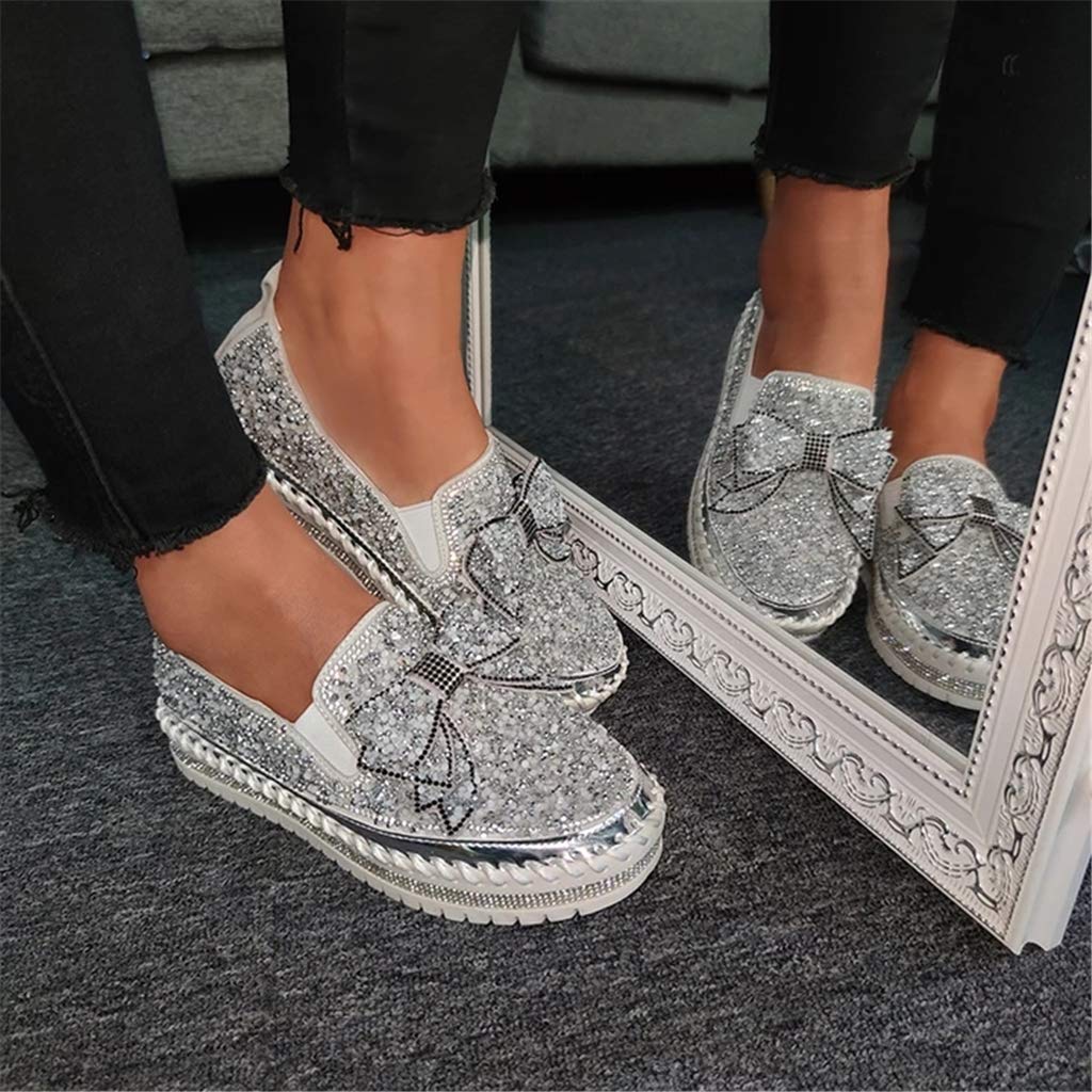 Cydmoty Mocasines casuales con diamantes de imitación para mujer con bonito lazo de plataforma