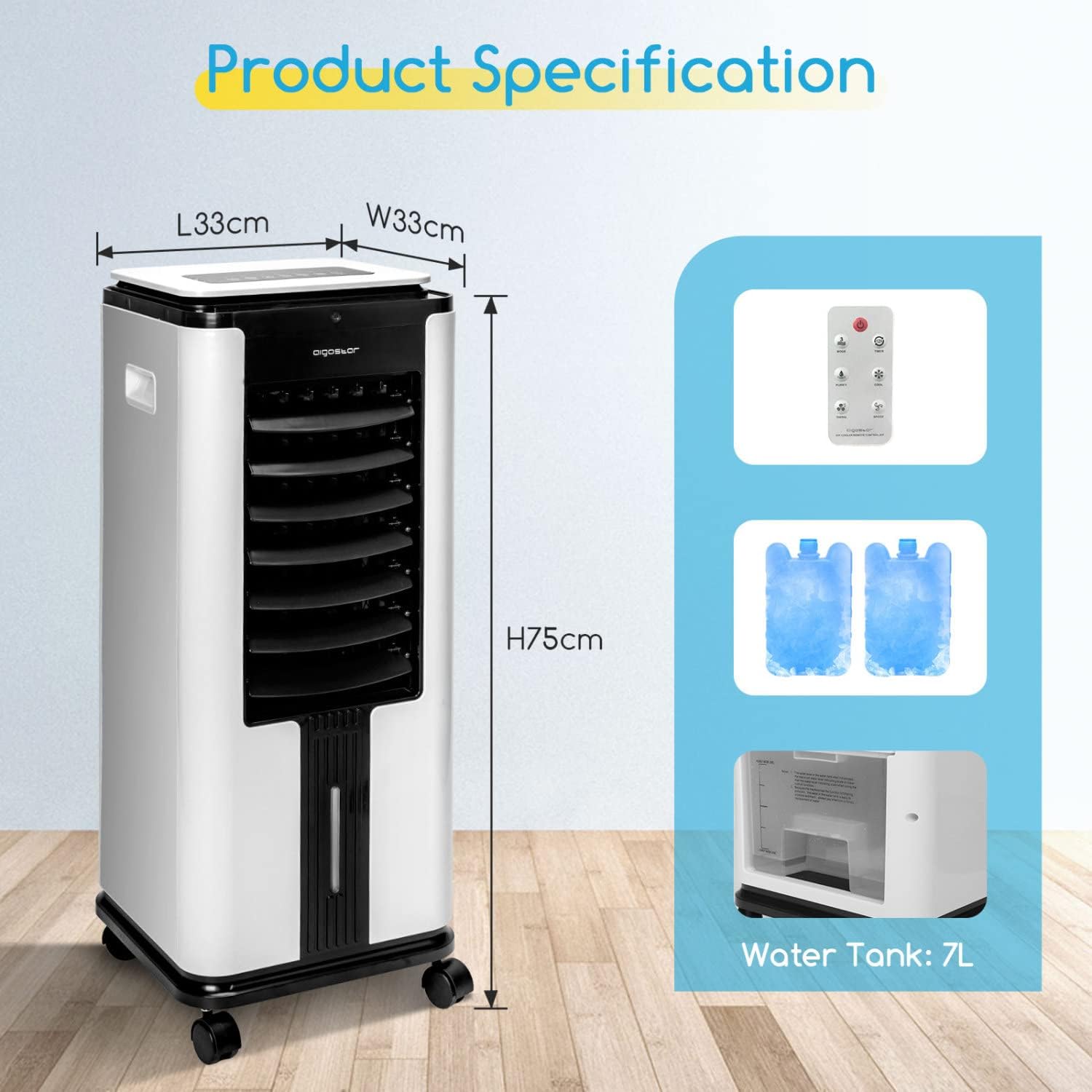 Product specification diagram showing dimensions (L33cm, W33cm, H75cm), remote control, two ice packs, and a 7L water tank capacity.