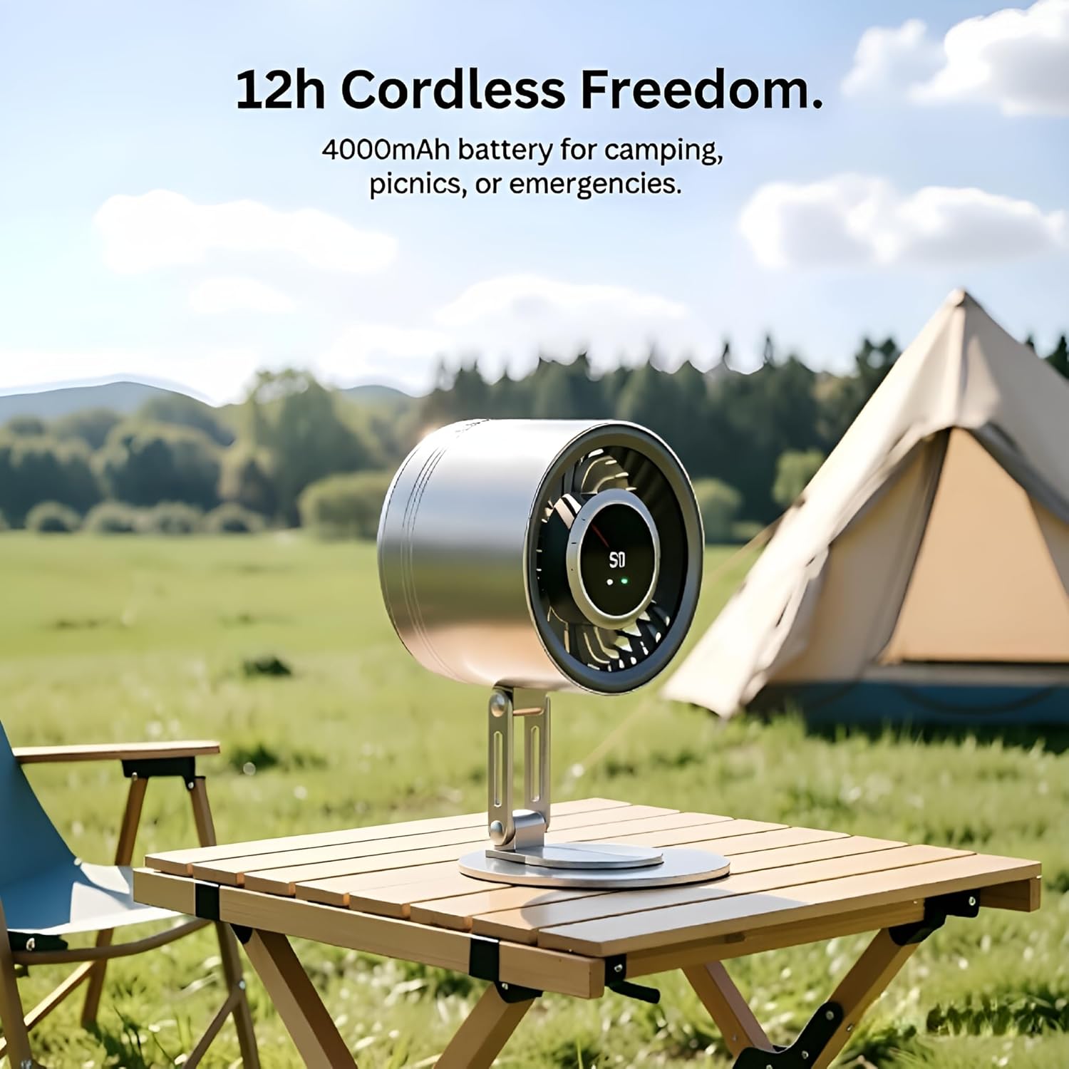 Desk Fan, Small Quiet Battery Powered Fan, 4000mAh Rechargeable Portable Fan with Stepless Speed Control, USB Powered Desktop Personal Fan for Bedroom, Office, Travel, Dorm. Full Metal Housing.