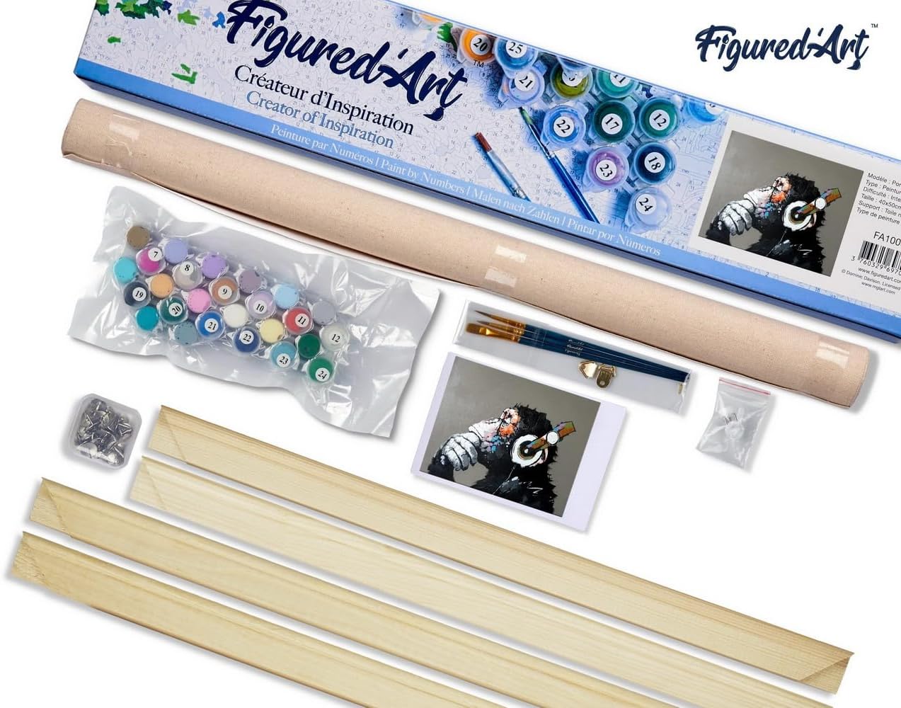 Figured'Art Paint by Numbers for Adults Monkey Wearing Headphones 16"x20" - Craft Art Painting Rolled Canvas with DIY Wooden Frame