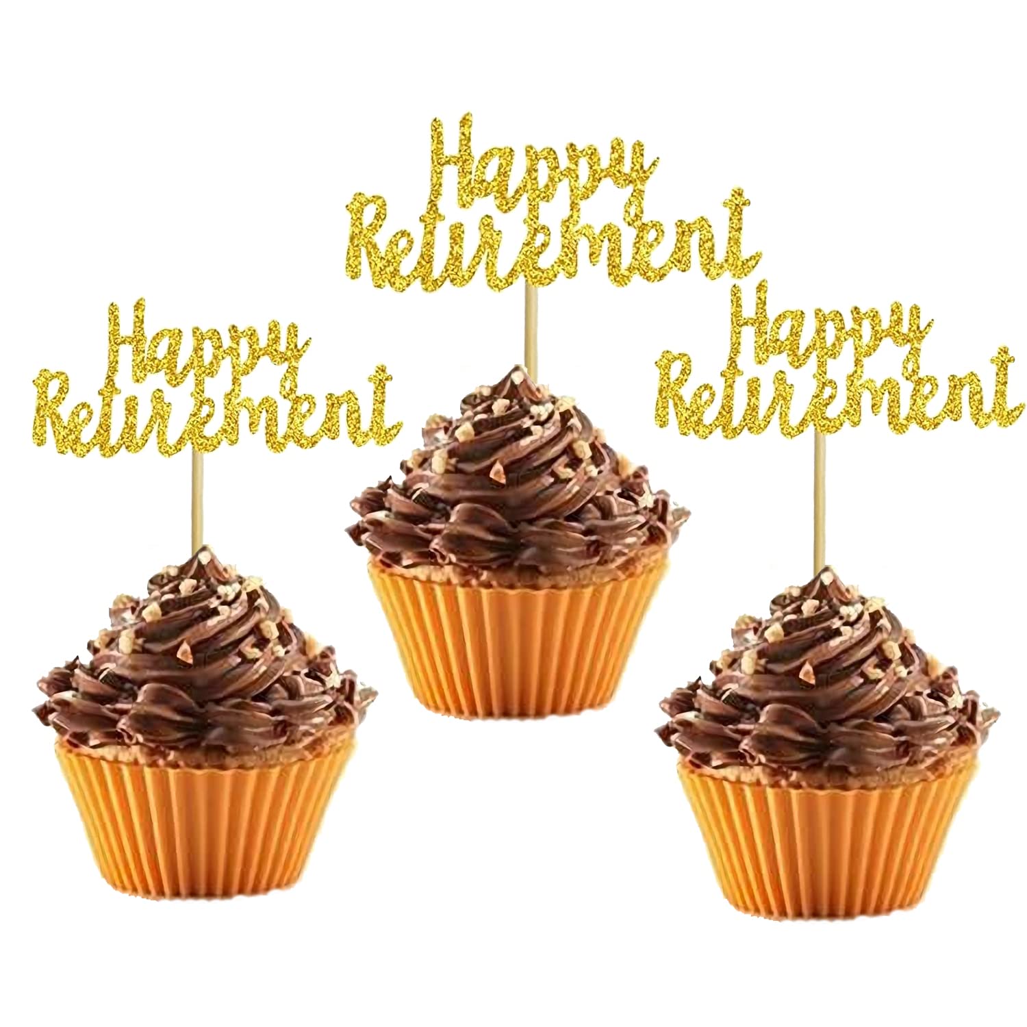 Mousand 24 PCS Glitter Gold Happy Retirement Cupcake Topper Happy Retirement Cupcake Picks Decorations for Retired Party Cake Decorations Supplies