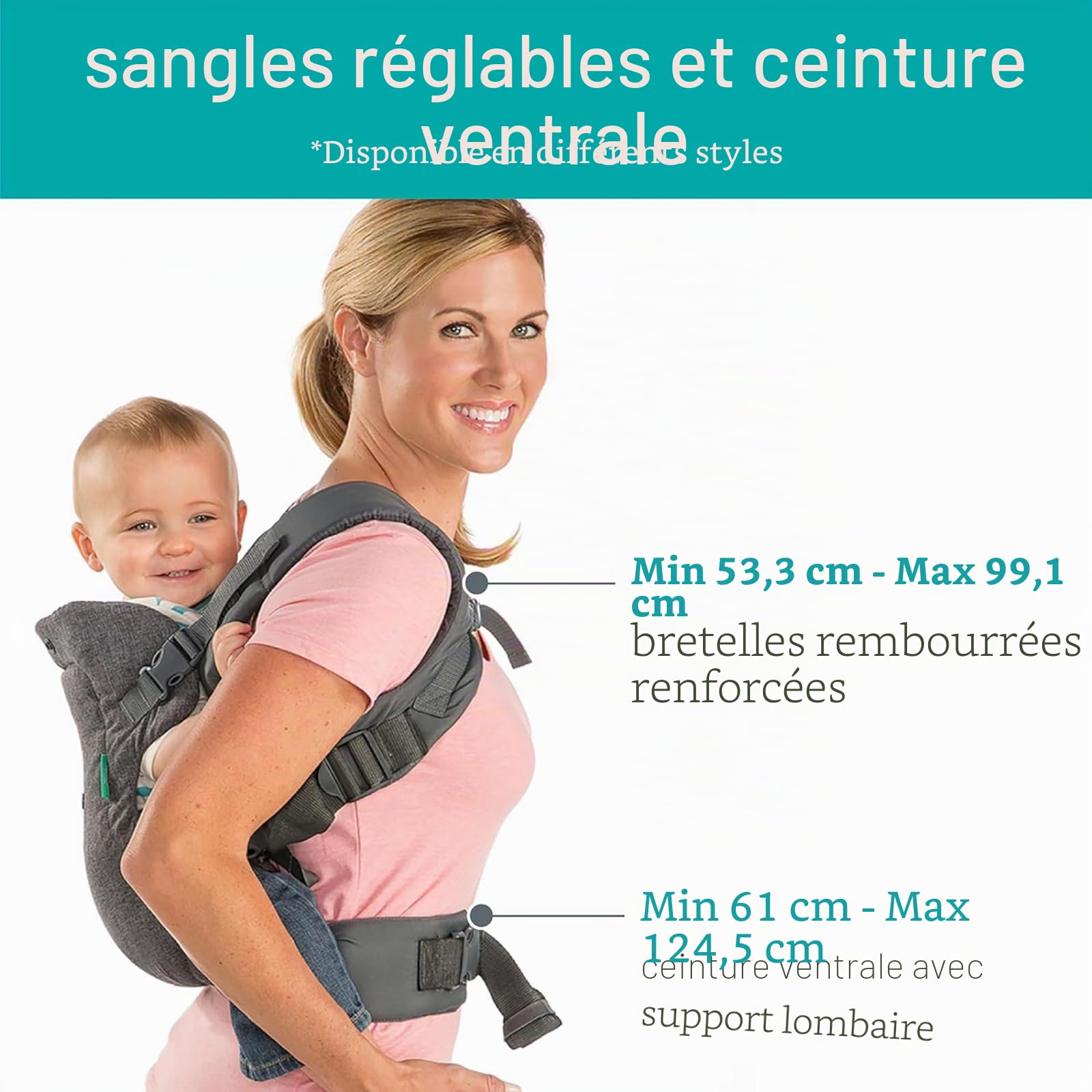 Infantino Porte-Bébé Flip 4-en-1 Ergonomique avec Bavoir, 4 Façons de Porter Convertible, Confortable, Lanières Rembourrées, Ajustable, Support de Tête Pour Bébés de 3,6 à 14,5 kg, Gris