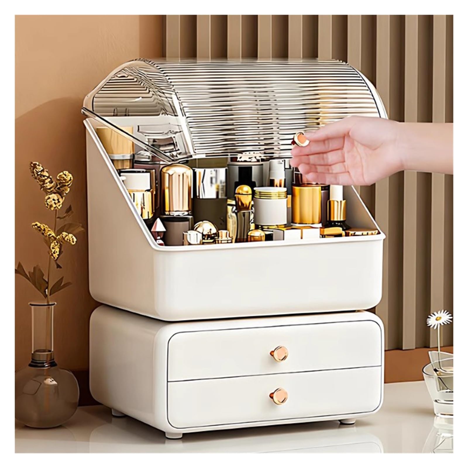 Espositore per Cosmetici con Coperchio Trasparente, Organizer per Trucco e Cura della Pelle per Bagno, scrivania da toeletta per Camera da Letto (Bianco 27 * 18 * 35 cm)