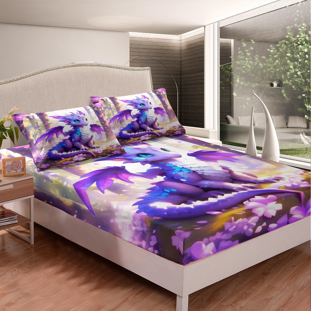 Manfei Dragon Bed Sheet Set 3 Pieces,Western Wild Animal Jungle Sunshine Microfiber Bedding Set Without Flat,Romantic Purple Petals Rustic Daisy Flowers Fitted Sheet,2 Pillow Cases,Full Size