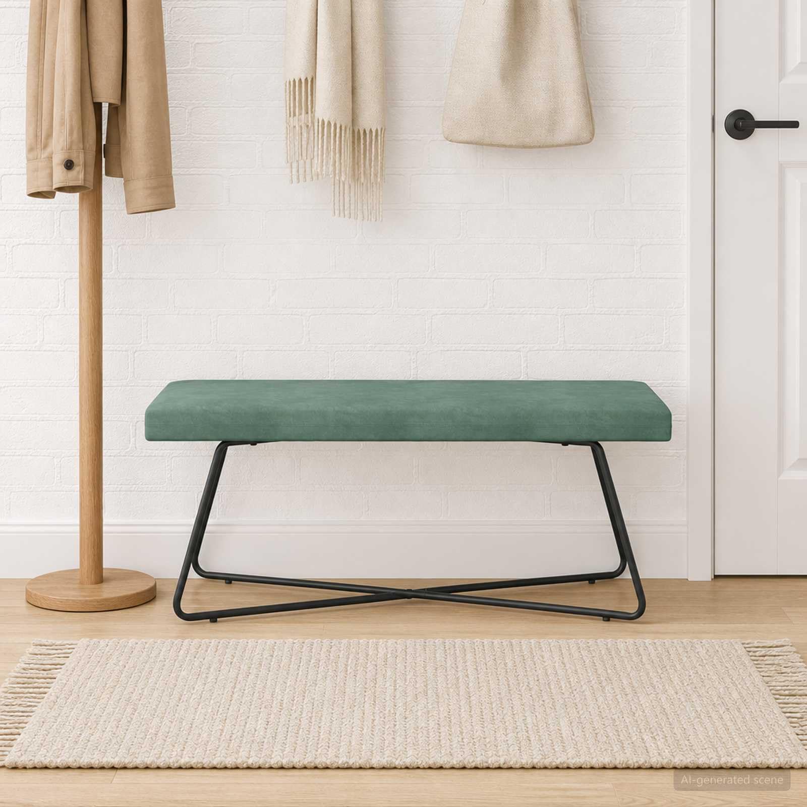 Ławka w kolorze morskiej zieleni, 110 x 40 x 45 cm, aksamitny materiał drewnopochodny, metalowa, wyściełana, salon, sypialnia, korytarz, korytarz, jadalnia, ławka z poduszką i półką do