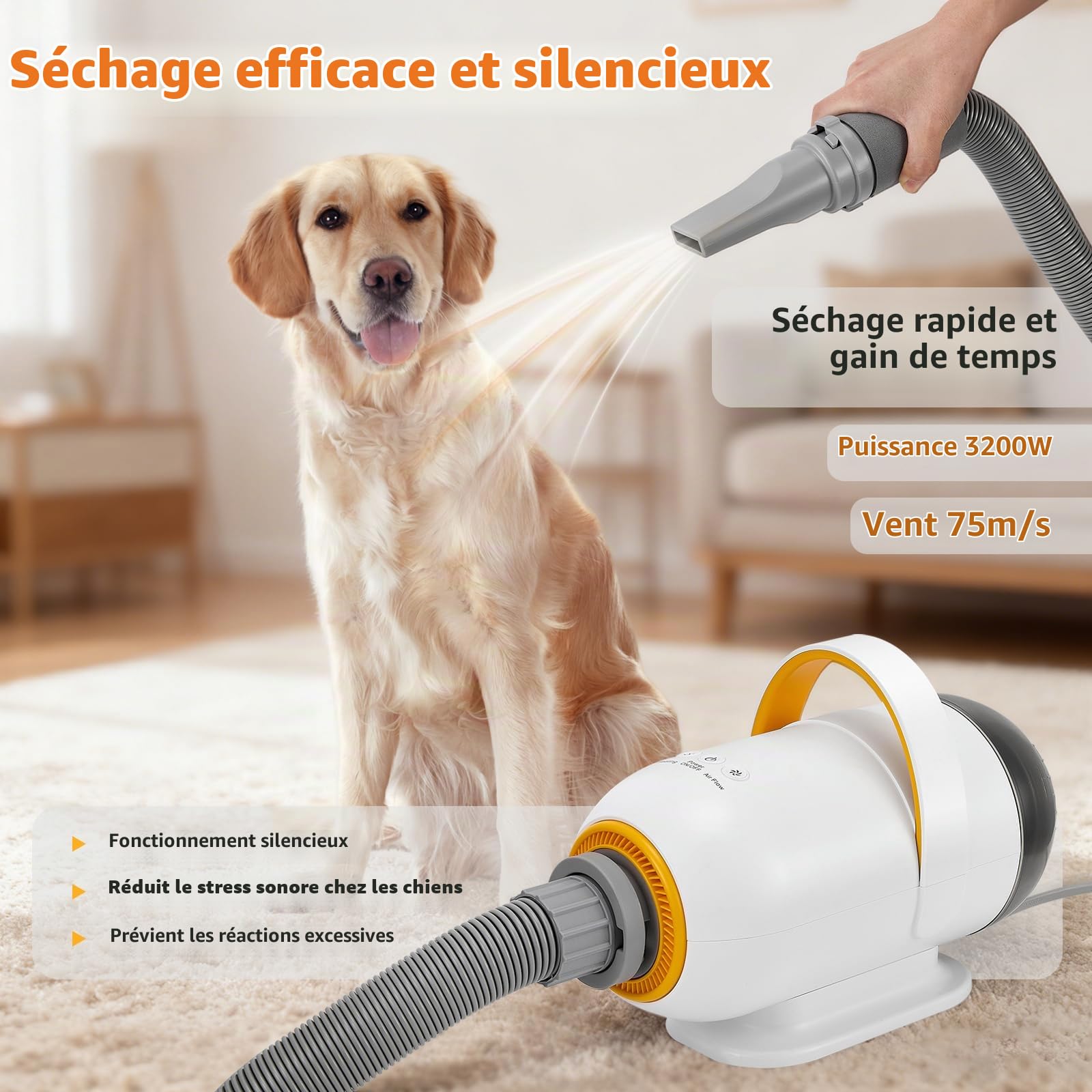 Sèche-chien 3200 W pour animaux de compagnie avec 7 vitesses, souffleur avec 4 embouts, sèche-cheveux pour chien avec fonction air chaud et froid, kit de toilettage pour chiens et chats