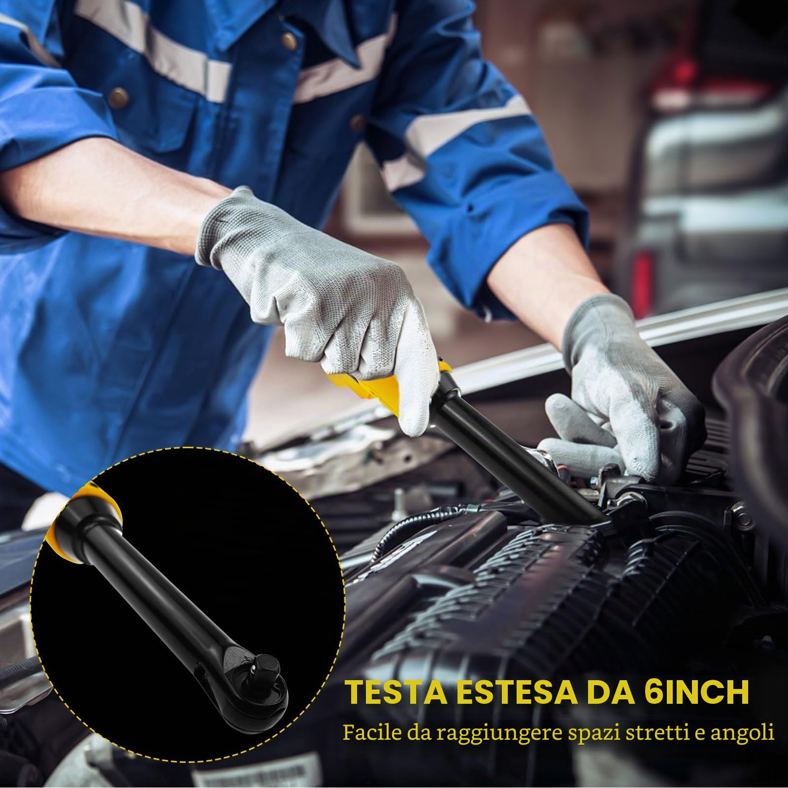 Chiave a cricchetto senza fili estesa da 3/8" per batterie Dewalt da 18V 20V, testa estesa da (6 pollici) 16cm, 80N.m, 320RPM set di chiavi a cricchetto elettriche con luce LED integrata e 8 bussole