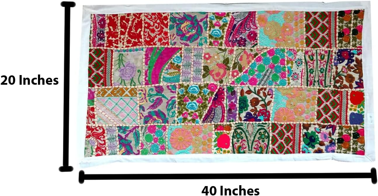 Rastogi Handicrafts Indian Handmade Embroidered Patchwork Old Hanging Wall Art Vintage Tapestry Old Sari Cutting Wall Hanging Parda (White, 20 X 40 INCH)