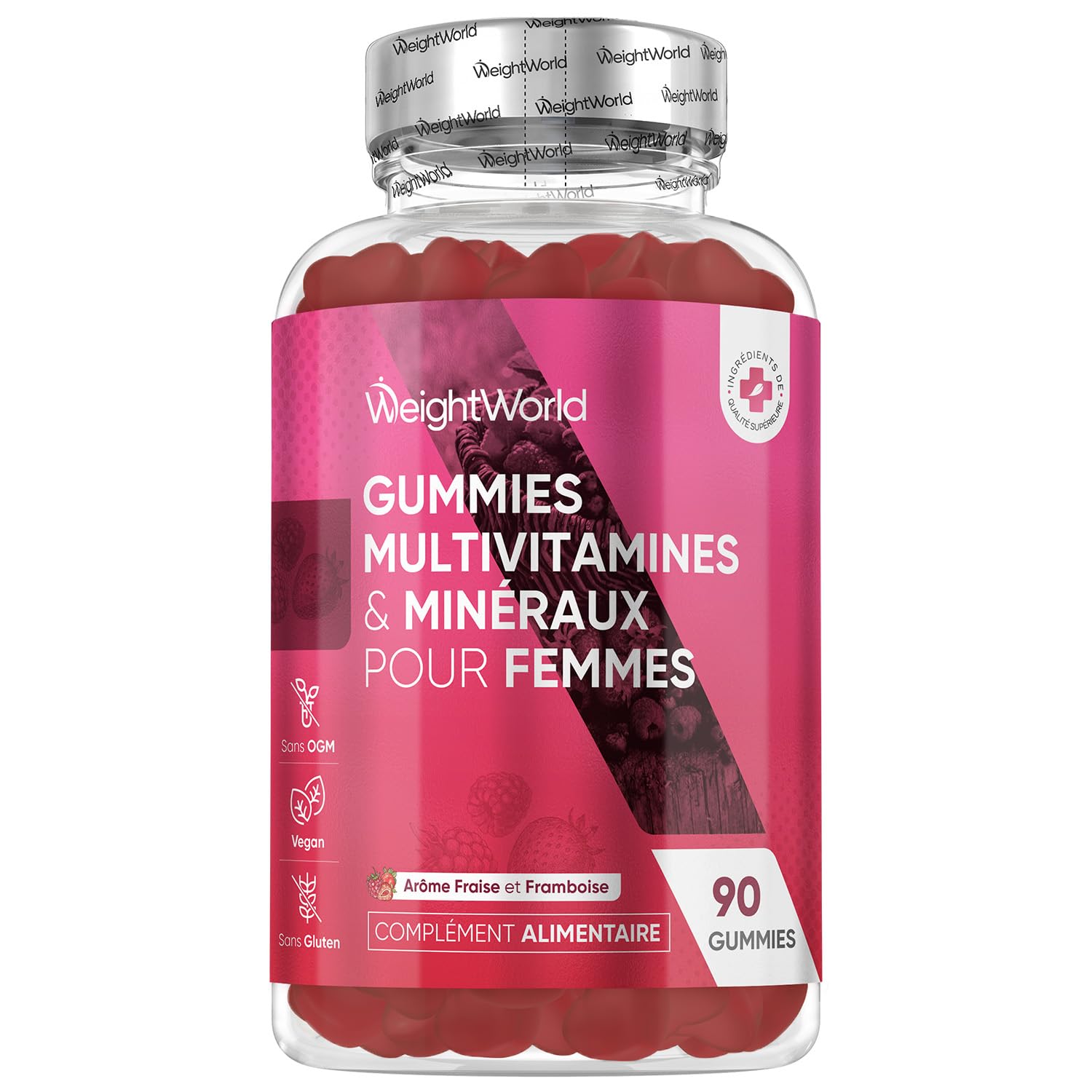 Multivitamines Femme Vegan Gummies 13 Vitamines et Minéraux Goût Fraise 90 Gummies Vitamine C D E A B Zinc Iode Acide Hy