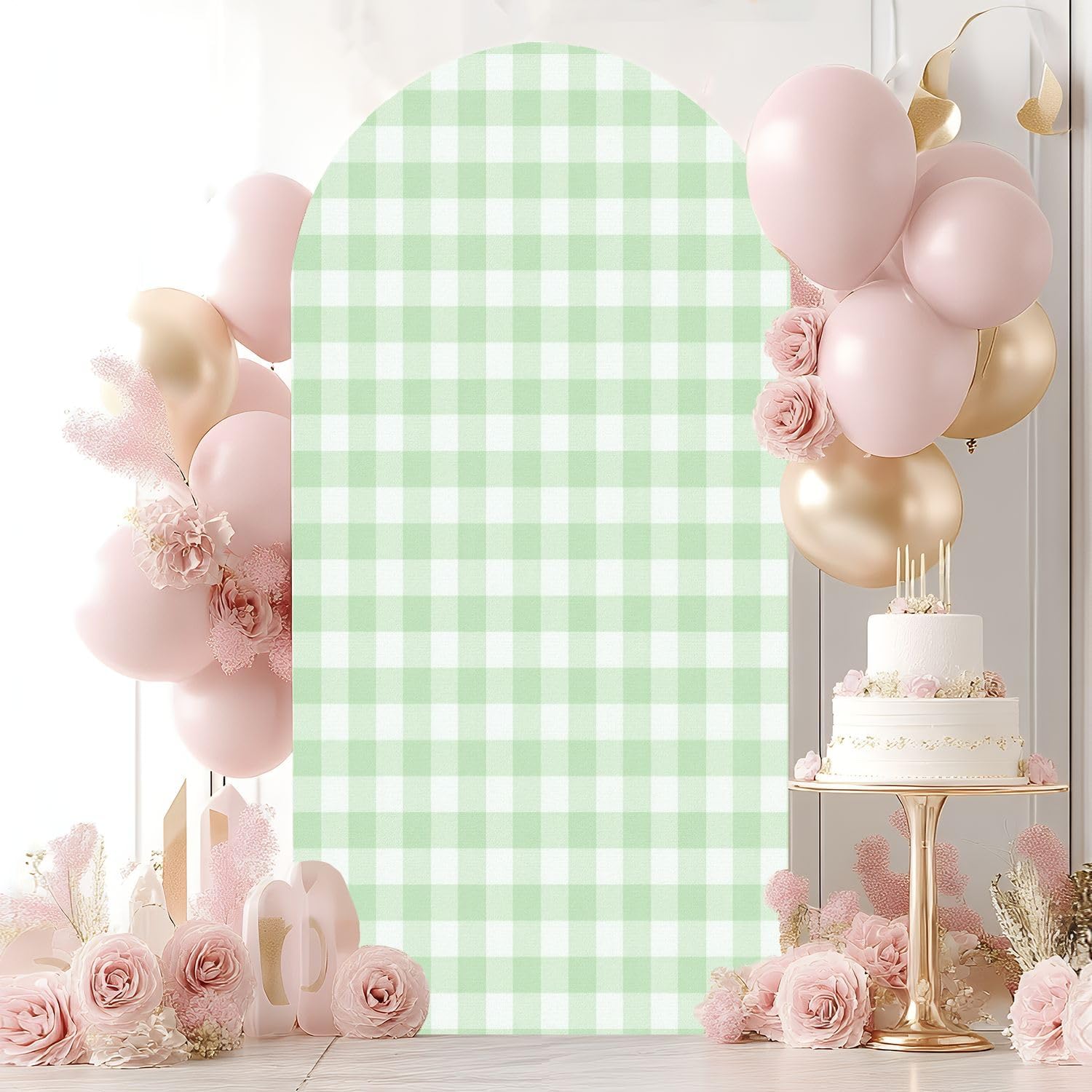 Wedding Arch Backdrop Cover 7.2FT Gingham Pattern Seamless Plaid Repeat Green White Design for Print Spandex Fitted Arch Cover Round Top Stands Cover for Birthday Party Ceremony Banquet Decoration