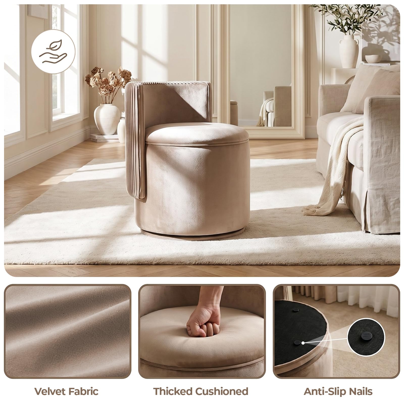 Clevich Velvet Vanity Chair with Storage, 360° Swivel Dressing Table Stool, Brown, 46 x 46 x 64 cm - Image 7