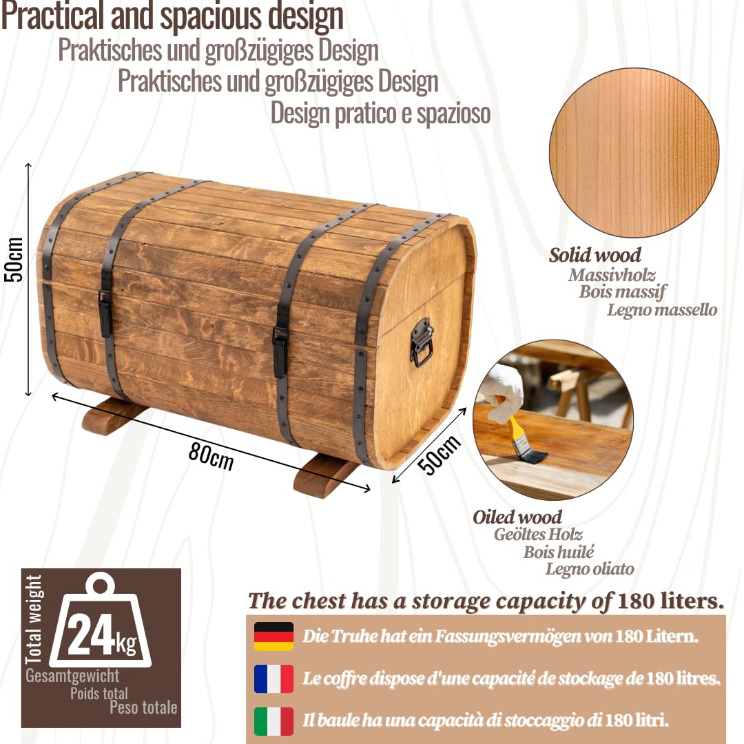 CREATIVE COOPER Holztruhe 180L – Rustikale Aufbewahrungskiste aus geöltem Erlenholz – Fass-Design – Für Innen & Außen – 80x50x50 cm