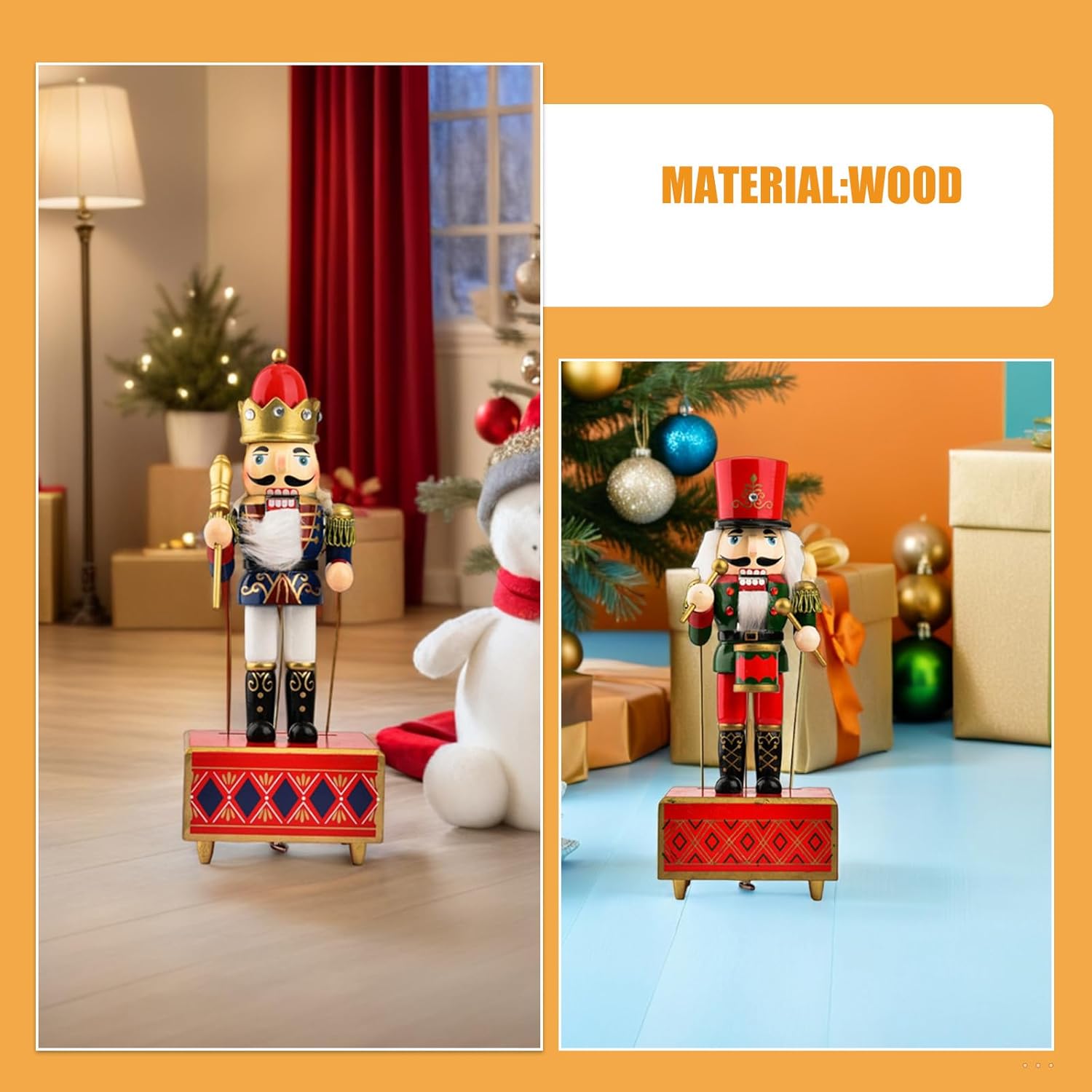 3pcs Christmas Nutcracker Music Box: 32cm Wooden Nutcracker Decorations Wind Up Musical Box Decor Ornament for Christmas Party