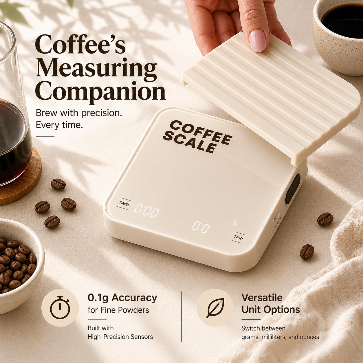 Aviora Kaffeewaage mit Timer - 0,1 g Präzisions-USB-C-wiederaufladbare digitale Espressowaage, LED-Anzeige, Tara-Funktion für Pour Over & Barista Brauen