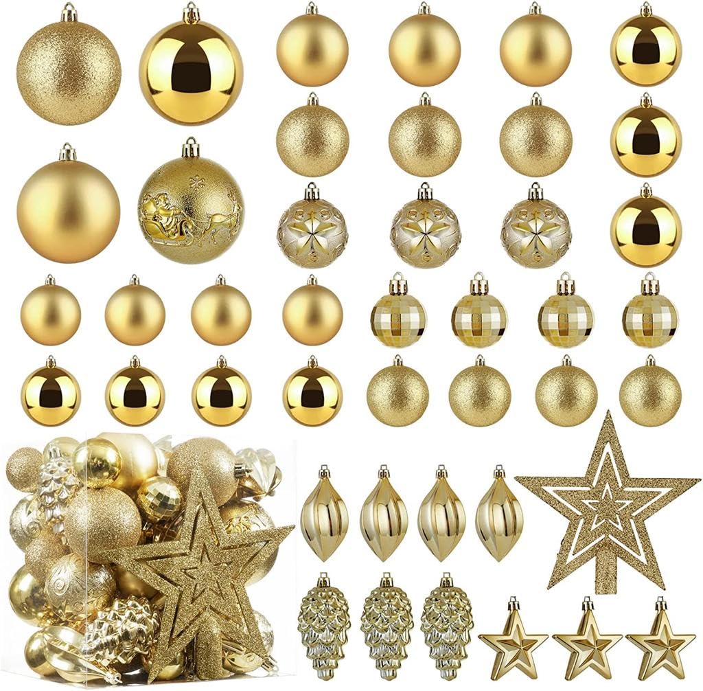 Premzo Gold Christmas Ball Baubles Decoration Tree Ornaments Including Balls Stars And A Tree Topper Shatterproof Xmas Hanging 43 Pieces Set Home Office Outdoor Indoor (Gold)