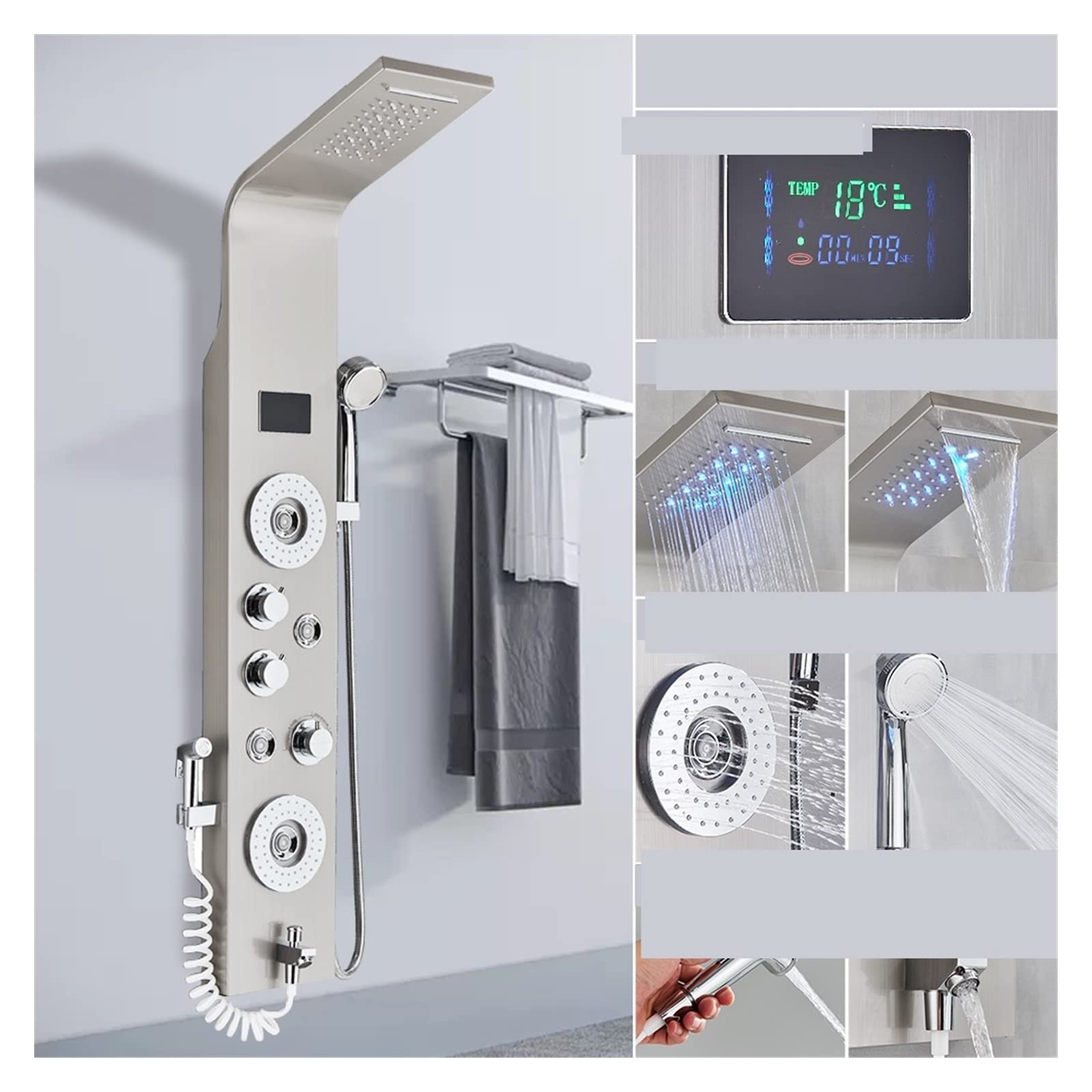 Soywim 8006 Brushed A Shower System, Black Led Light Shower Faucet Bathroom Spa Massage Jet Column System Waterfall Rain Panel Bidet Sprayer Tap(8006 Brushed A)