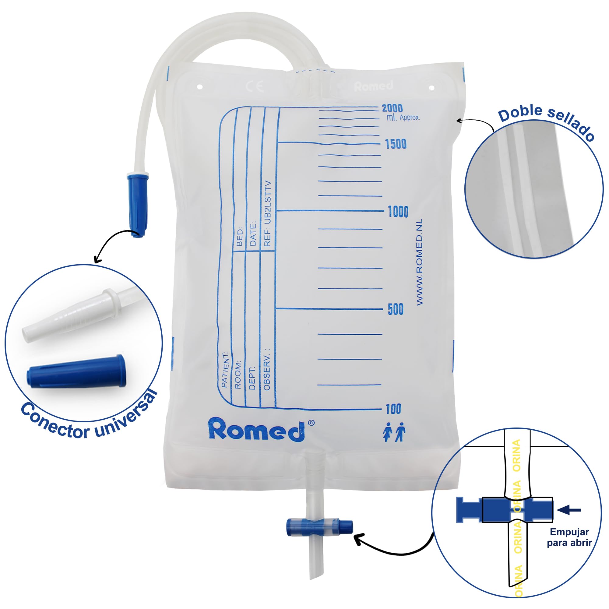 ROMED Bolsas de Orina 2 Litros Transparentes - Pack de 30 Unidades | Colector Urinario con Tubo Flexible de 90 cm y Válvula Anti-Reflujo | Diseñadas para Incontinencia en Hombre y Mujer