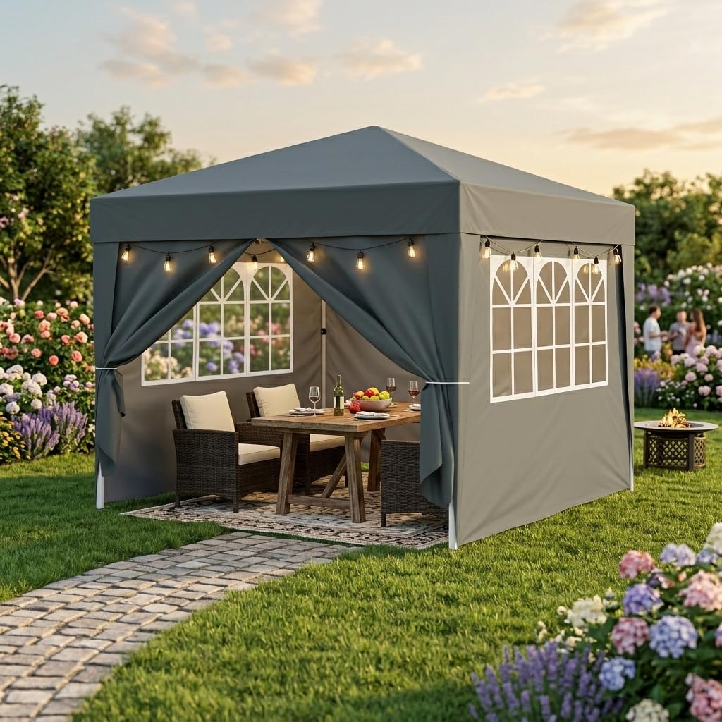 Pavillon 3x3m, Pop-Up Faltpavillon Wasserdicht, Gartenzelt UV Schutz 50+, Partyzelt wasserdicht stabil mit Tragetasche, Höhenverstellbar Faltbar Gartenzelt mit 4 Seitenwänden, für Garten, Party (3*3M)