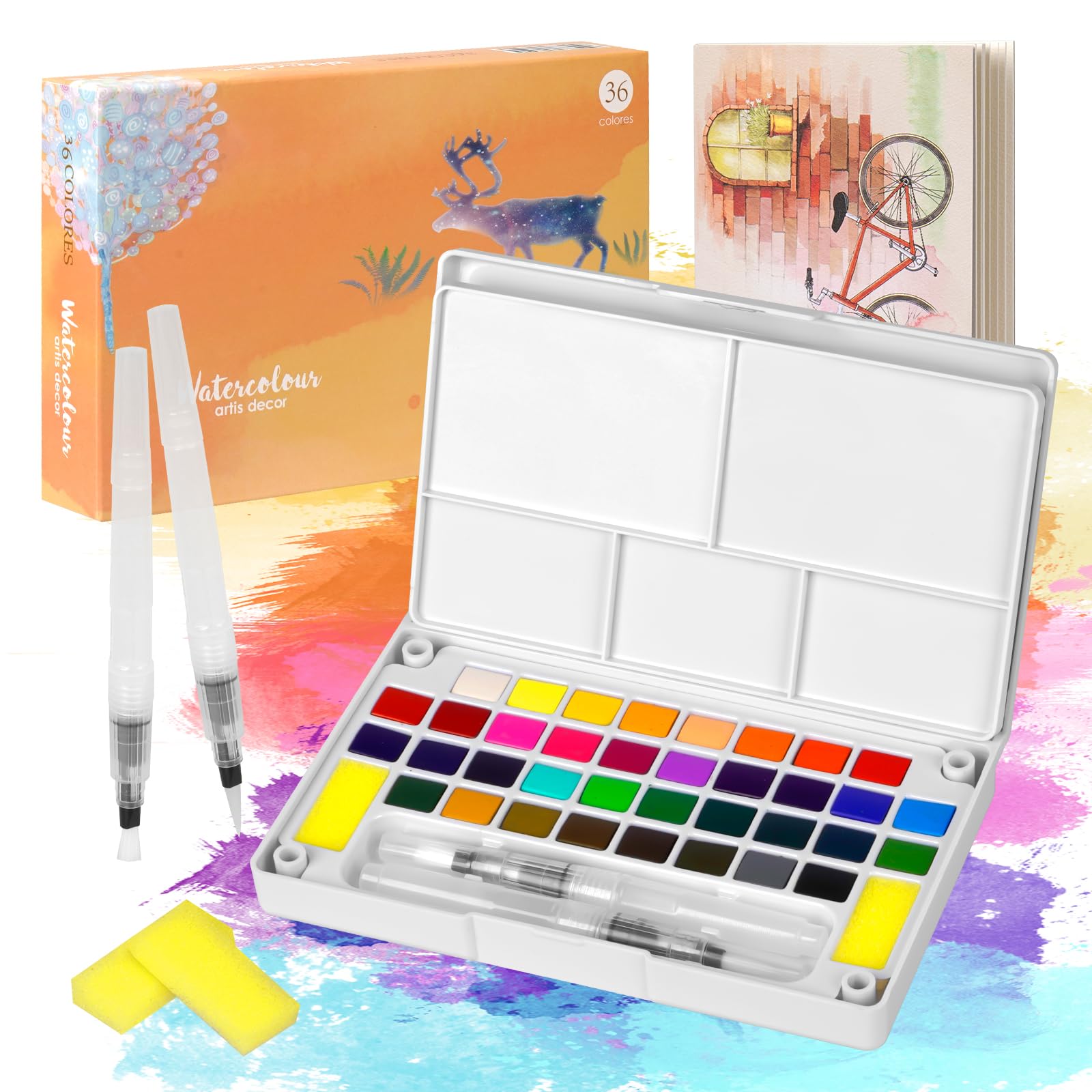 Juego de Acuarelas Profesionales, 36 Colores Set de Pintura de Acuarela, Kit Acuarelas para Niños, Principiantes, Profesionales, Artistas y Aficionados a la Pintura, con 12 Papeles+2 Pinceles+Paleta