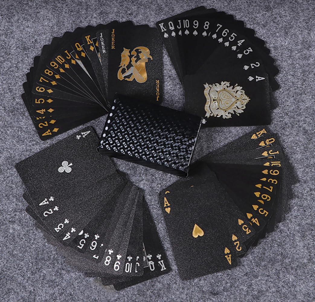 Shirene Black Foil Poker, 2 szt. fajnych czarnych kart do gry, wodoodporne, plastikowe, nowość, karty do pokera, zestaw 54 wykwintnych czarnych kart do gry w pokera z folią, do interakcji rodzinnych
