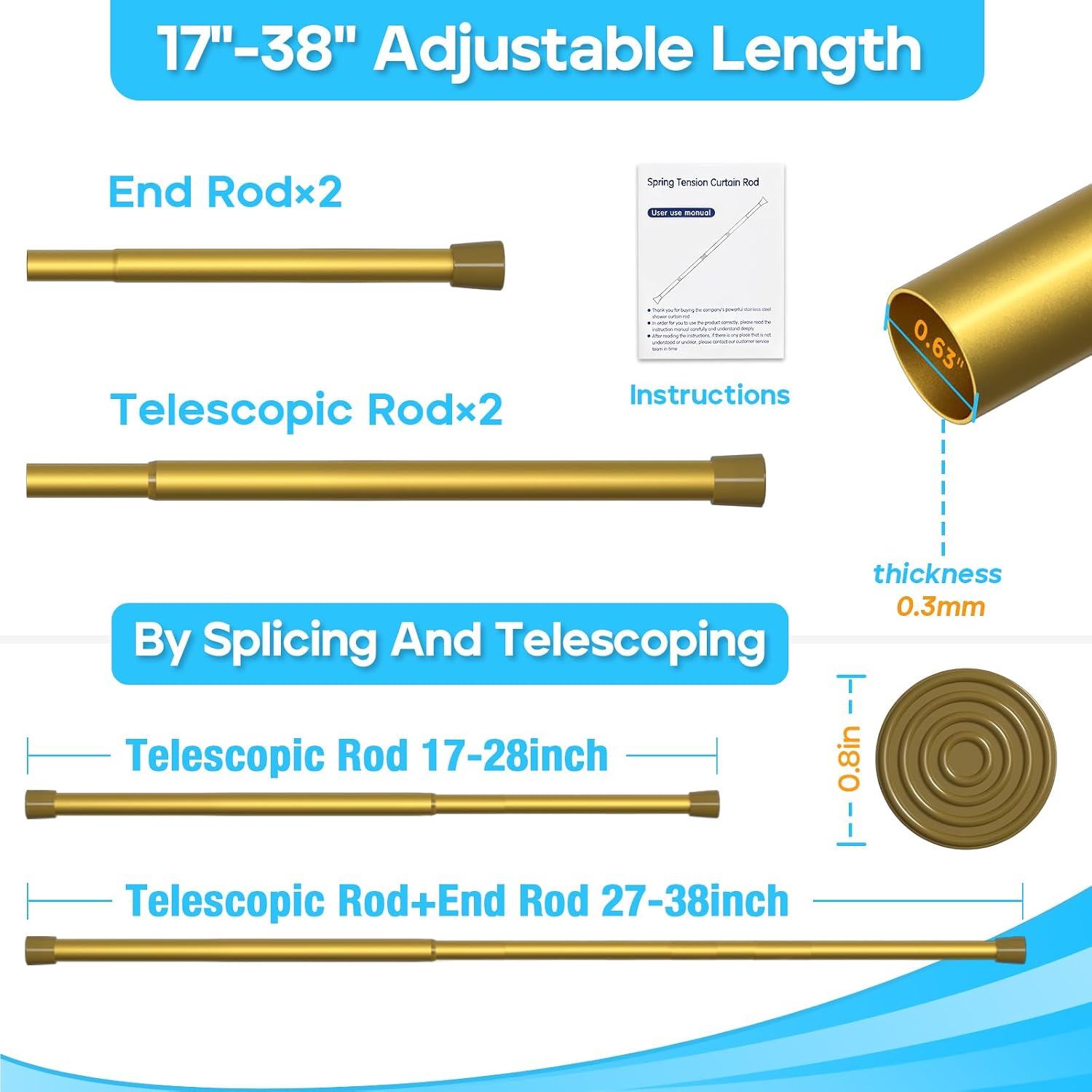 MEXAU 2Pcs Spring Tension Curtain Rod 17-38 Inch, Gold Tension Rod No Drill