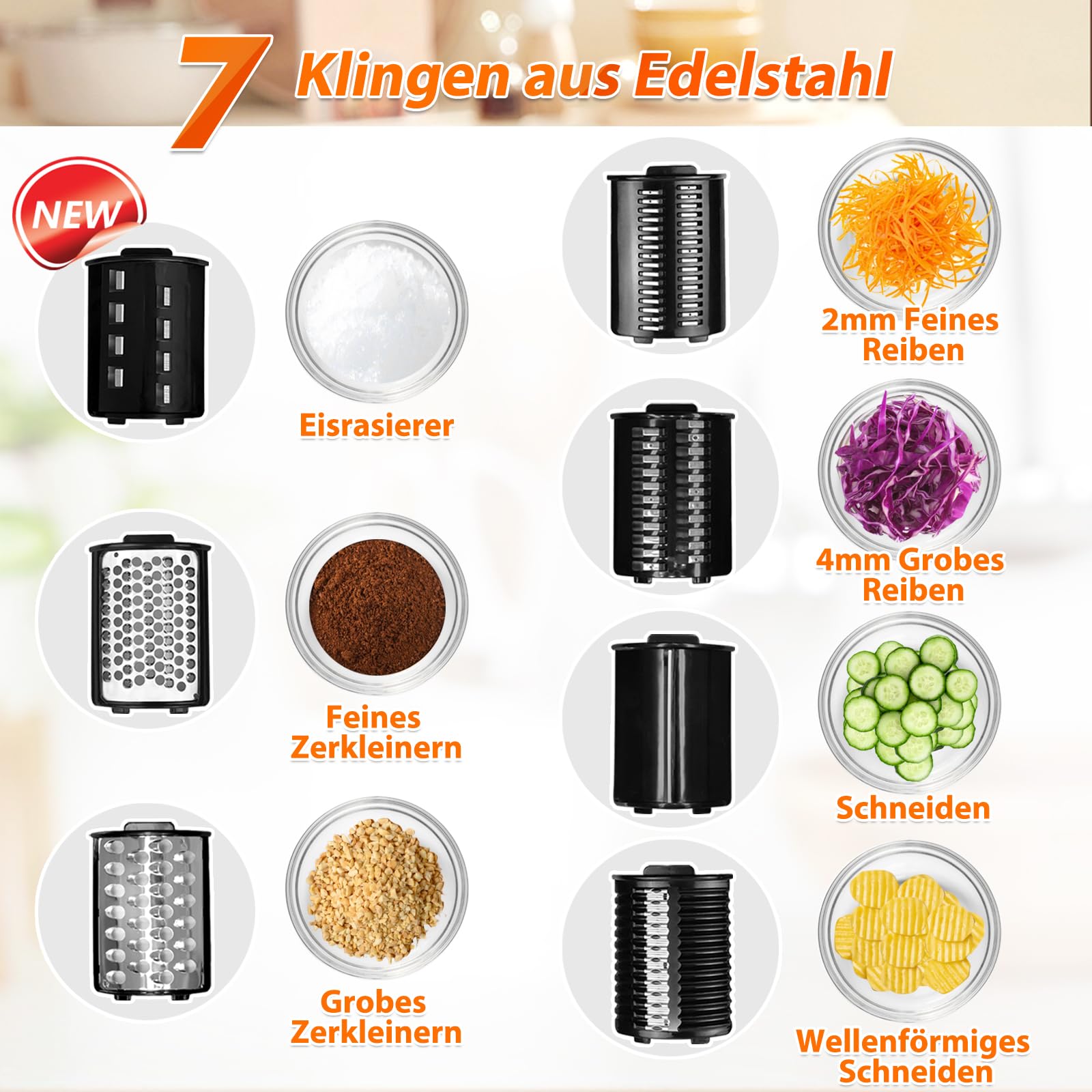 Anatole 7 in 1 Gemüseschneider Elektrisch Ice Crusher Käsereibe Edelstahl | Schneiden&Reiben&Mahlen&Eisrasierer Multifunktional, 7 Klingen, Großkaliber, 250W, für Kartoffeln Karotten Küche Hause, 220V