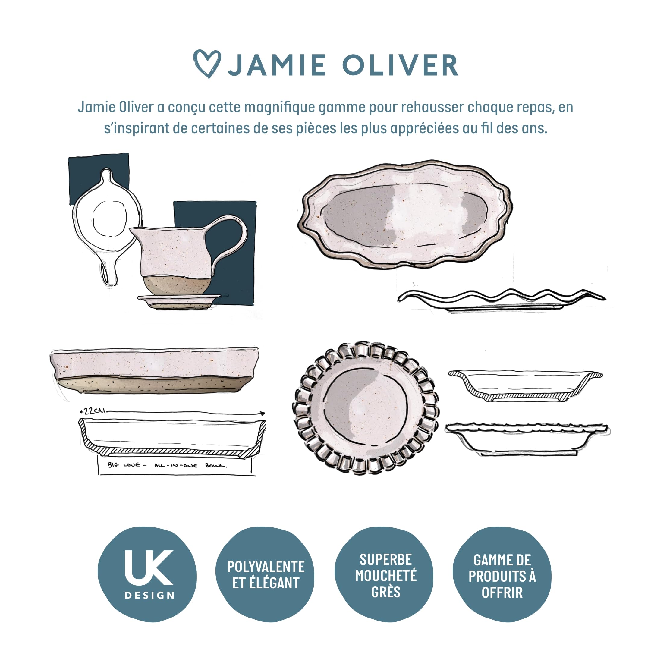 Jamie Oliver Big Love Plat à Tarte, Rose, Rond, Grès Moucheté avec Bords Ondulés, pour Four et Table, Compatible Lave-vaisselle et Micro-ondes, 28x6 cm