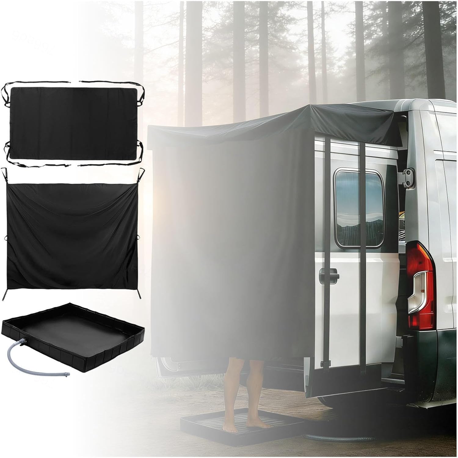 Truck Camping Accessories Three-Piece Set, Includes Shower Awning, Camping Shower Curtain, Camping Shower Mat, Easy Setup for Camping, RV Travelling