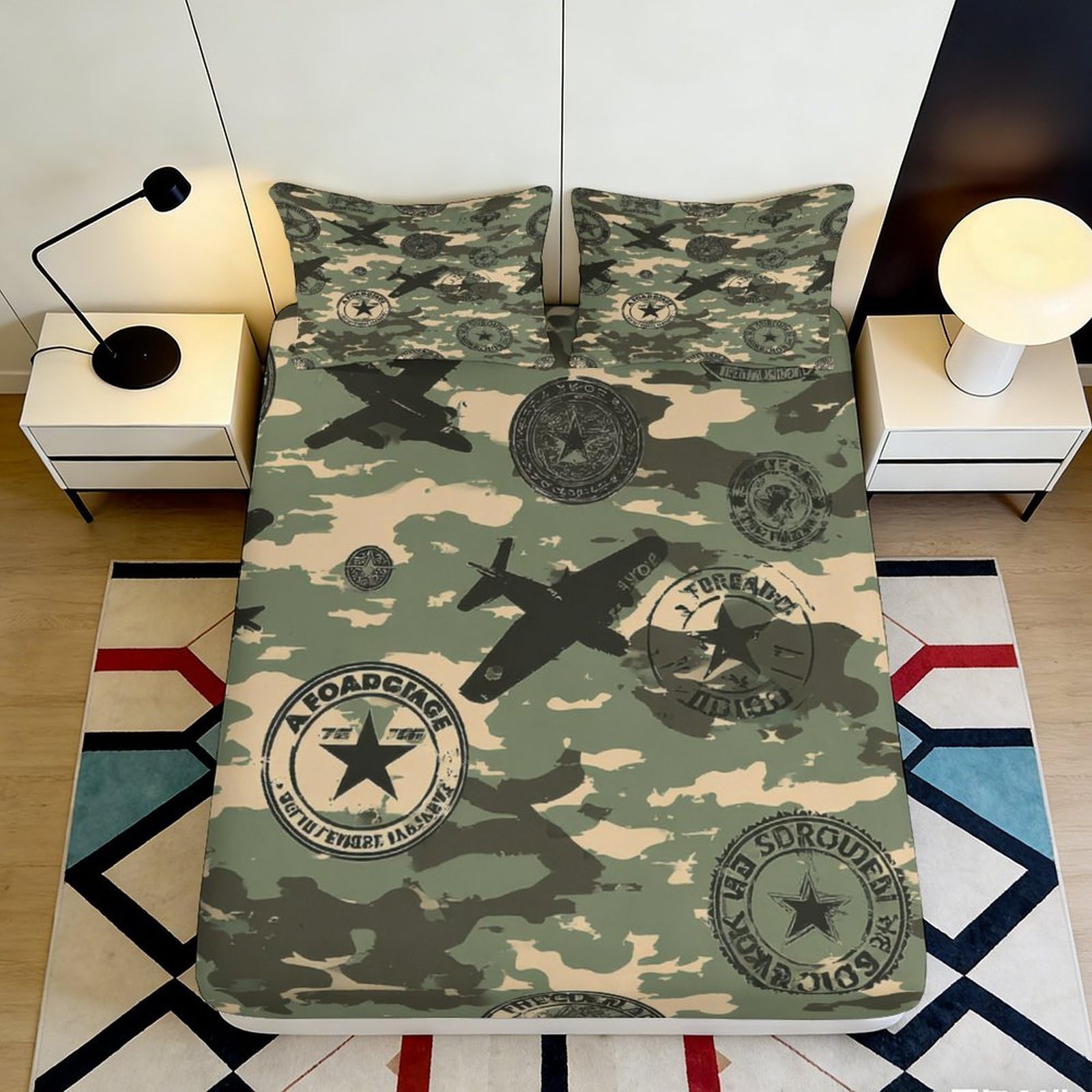3D Printed Camouflage Aircraft Fitted Sheet Microfiber Deep Pocket Non-Slip Bedroom Camouflage Aircraft Mattress Fitted Cover Washable for Adults Teens 200x200x25cm 90x200x25cm