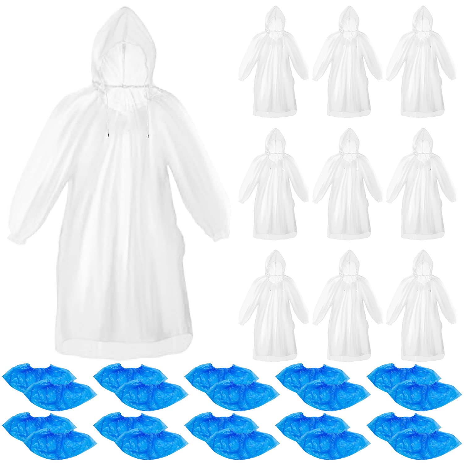 JolbndcvDisposable Rain Ponchos,10 Pack Waterproof Emergency Rain Poncho Adult Rain Coats With Hood & 10 Pairs Shoe covers for Adult, Clear