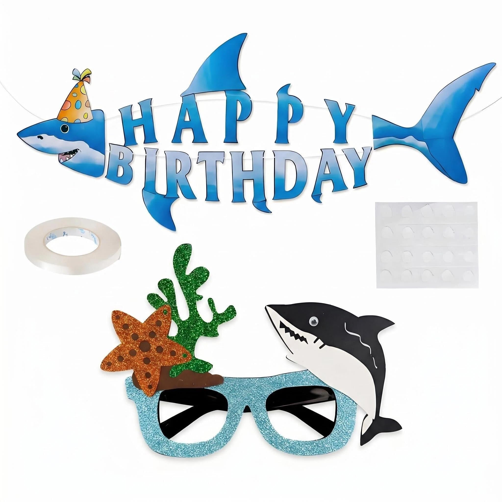 Shark Banner with Shark Glasses Set,Blue Birthday Banner,Baby Shark Birthday Decoration,Under the Sea Party Decorations