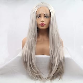 Heat Resistant Fiber Hair mermaid Silky straight ash blonde gray Synthetic lace front wig for women Price In India