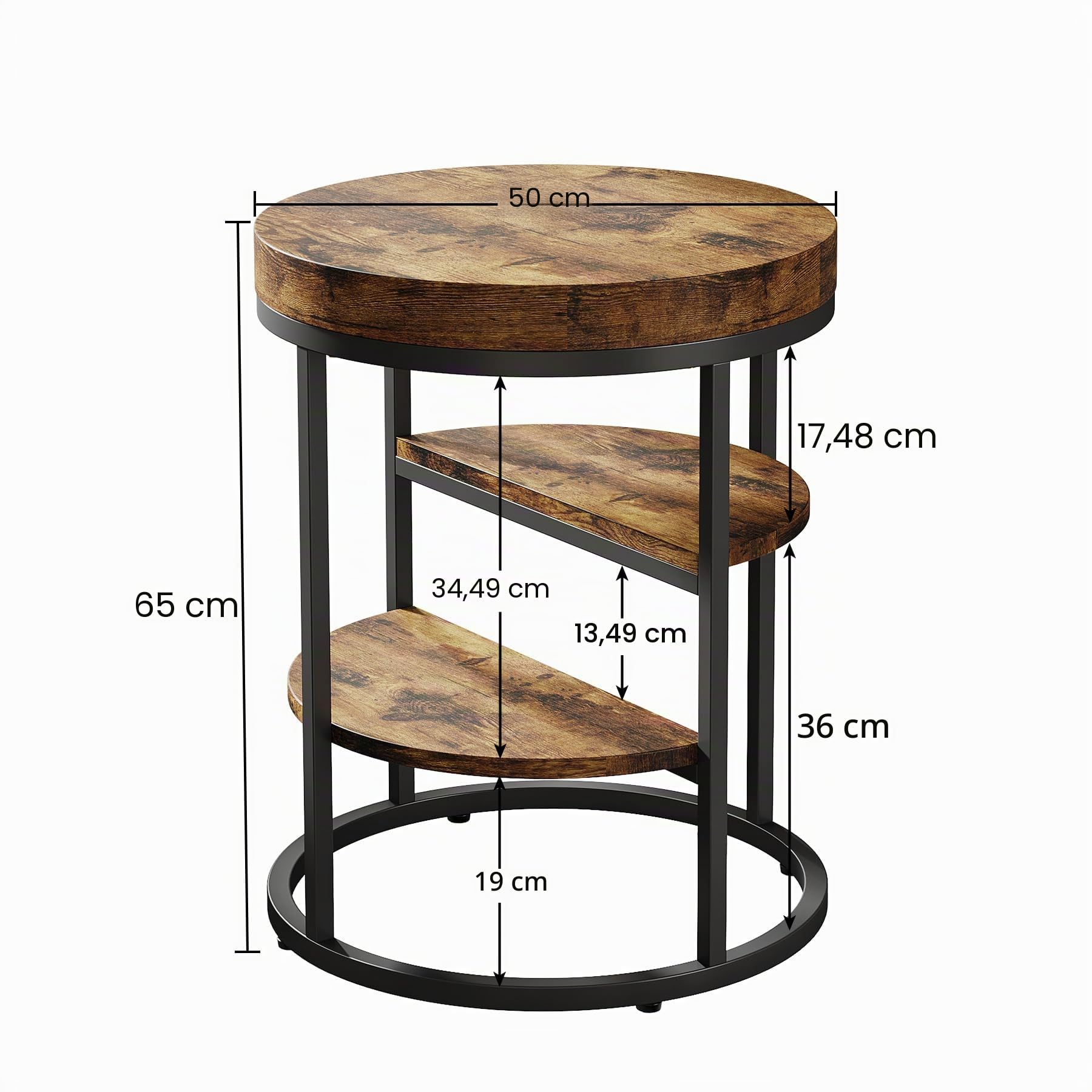 Tribesigns Mesa Auxiliar Redonda Pequeña Con 3 Estantes de Almacenamiento, Mesa de Madera Para Espacios Pequeños, Estilo Industrial Para Sala de Estar, Sofá