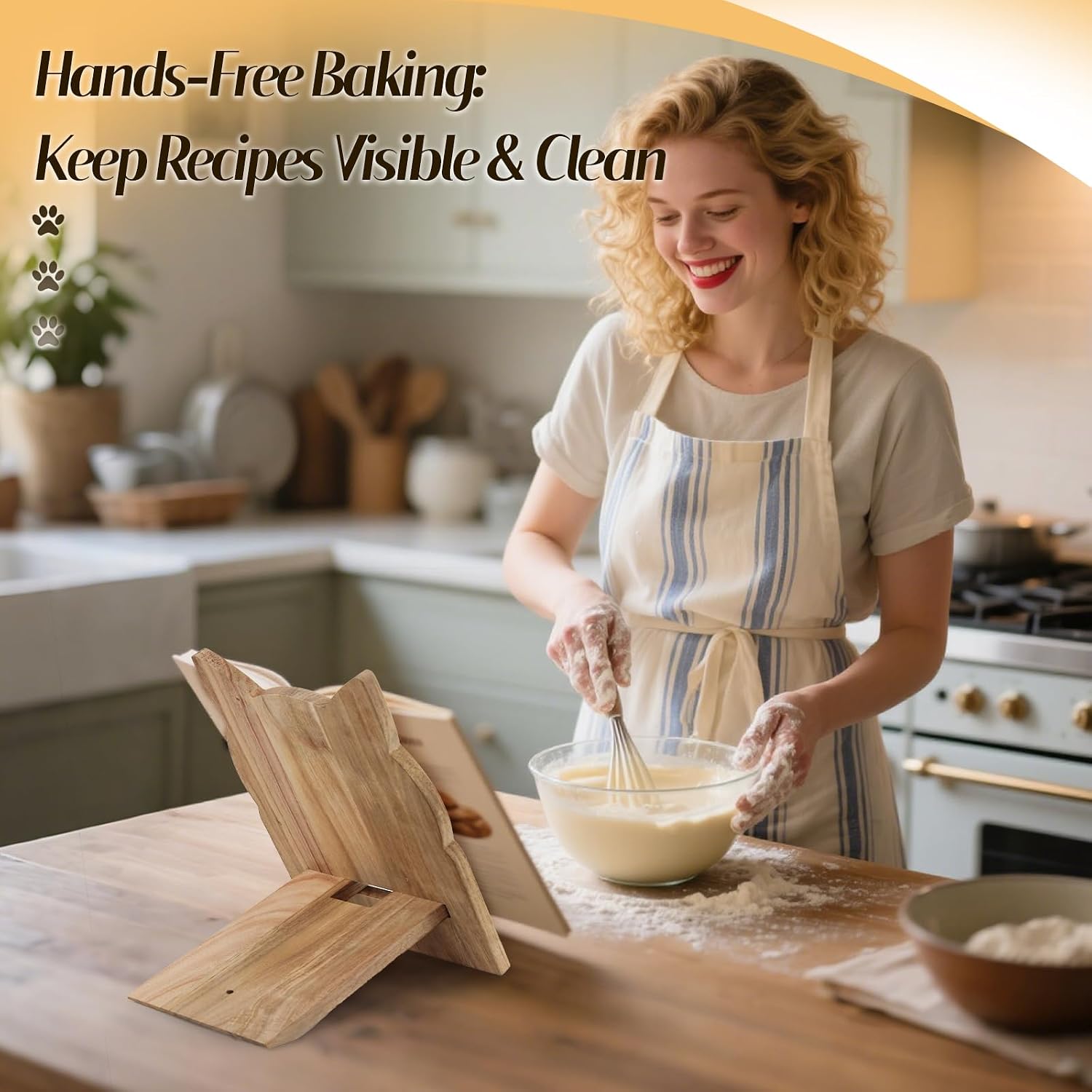 Cat Shaped Wooden Cookbook Stand​​ - Adjustable, Hands-Free Recipe Holder for Kitchen with iPad & Music Rest