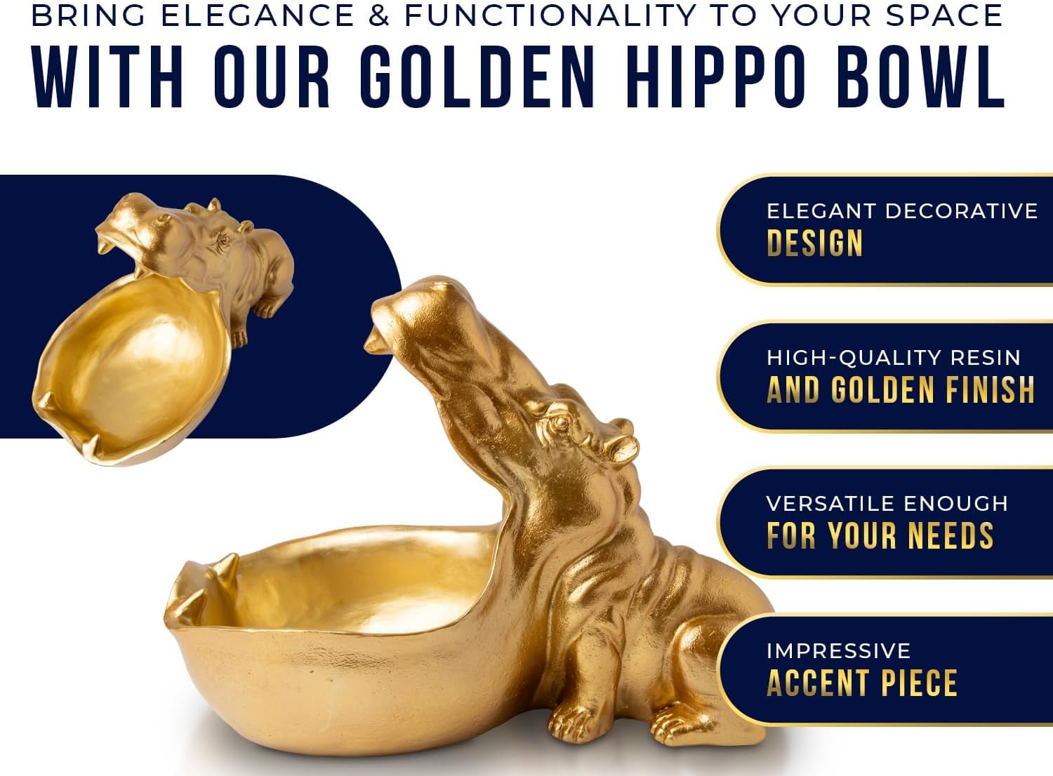 Comfify Hip Hippo Resin Figurine – Funky Hippopotamus Sculpture with Open Bowl Design for Snacks, Keys, or Trinkets – Decorative Holder with Elegant Golden Finish – Playful Accent for Modern Decor