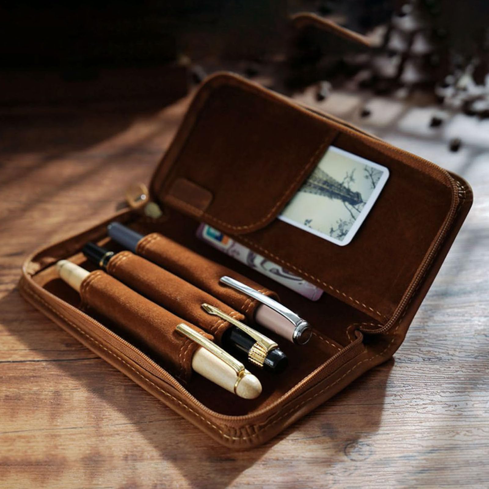 Astuccio In Pelle Borsa Organizer Vintage Con 3 Scomparti | Astuccio per Penne per Ufficio Scuola Studio Disegno Journaling Schizzo Viaggio Casa