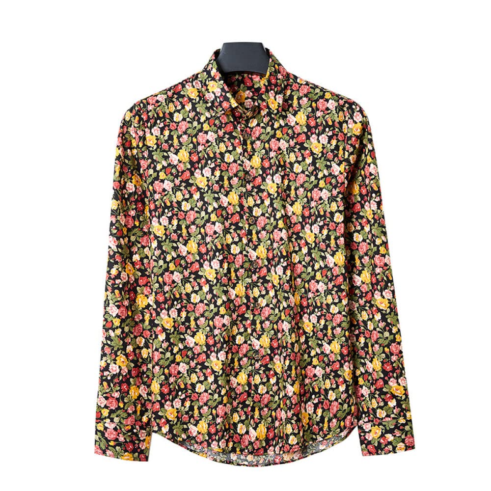 HGJH Hawaii Hemd, Herrenhemd Langarm Kleiner Blumendruck Hawaiihemd Kuba-Kragen Gelb Langarm Button Down Weiches Strandhemd Henley Shirt Für Herren Jungen