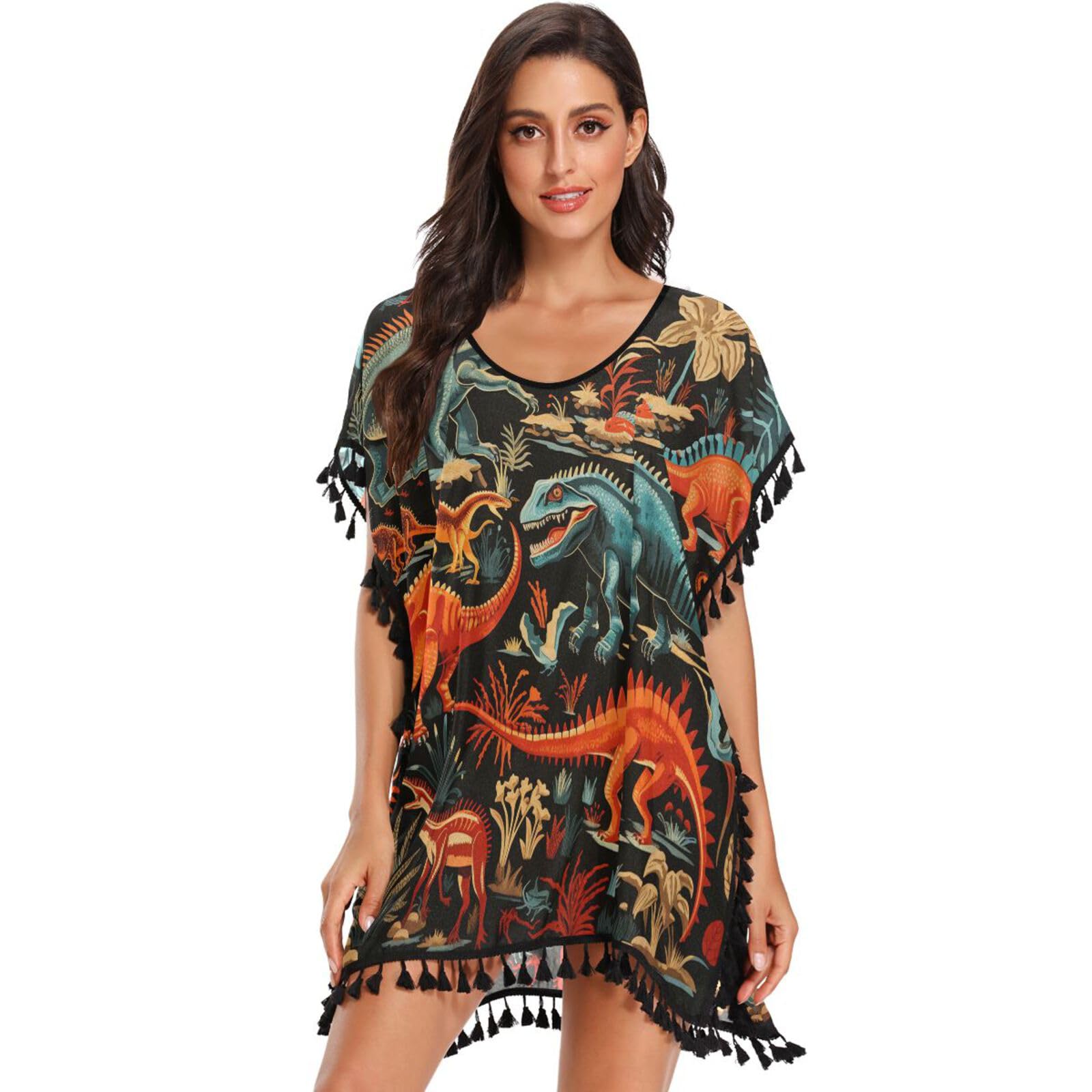 KAAVIYO Classic Red Black Dinosaurs Women's Beach Cover Up Chiffon Tassel Swimwear Swimsuit Coverups for Girl