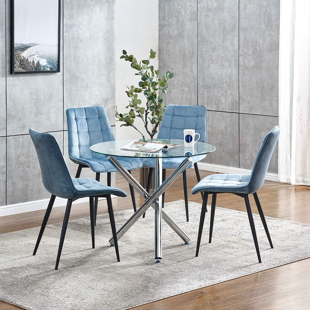 Blue Saadiya Modern Round Glass Dining Table With 4 Velvet Dining Chairs Set Tempered Glass Top Upholstered Padded Seat Kitchen Set Dining Room Office Lounge Dining Room Sets Dining Room Furniture Thepodsatstreamvale Com