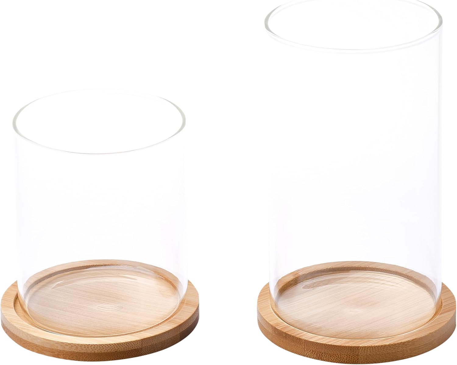 WHOLE HOUSEWARES Glass Candles Holders with Wooden Base - Tall Glass Hurricane Candle Holder - for Wedding Centrepieces - Table Decorations - Set of 2-4.3x3.9 and 6.2x3.9 (Wood Brown) Wood Natural