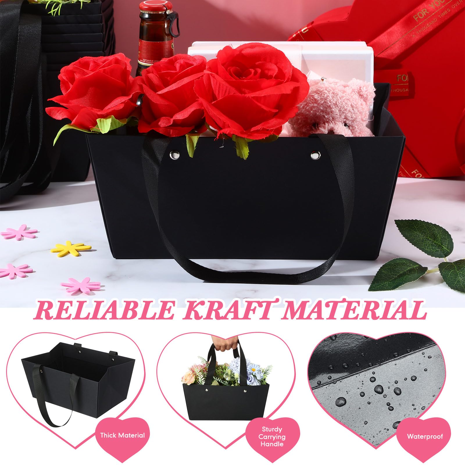 Glenmal 72 cesti regalo con manici, in carta kraft, vuoti, 24 x 16,5 x 10,9 cm, per confezioni regalo, matrimoni, feste, Natale, San Valentino (nero)