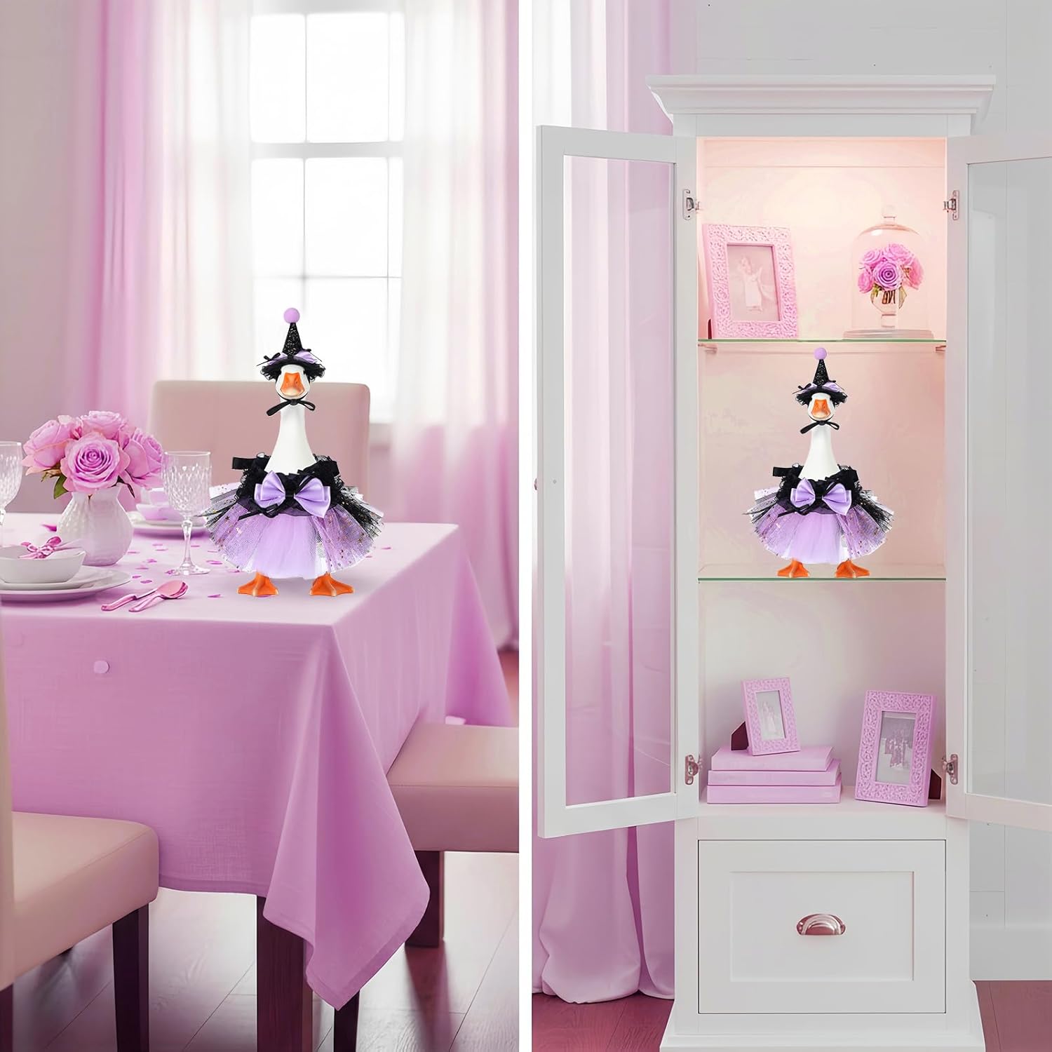 7 Inch Mini Desk Goose Outfits,Mini Porch Goose Outfits Includ Bowknot Top Hat & Tutu Dress for Princess Goose Statue Art Decor（Purple）