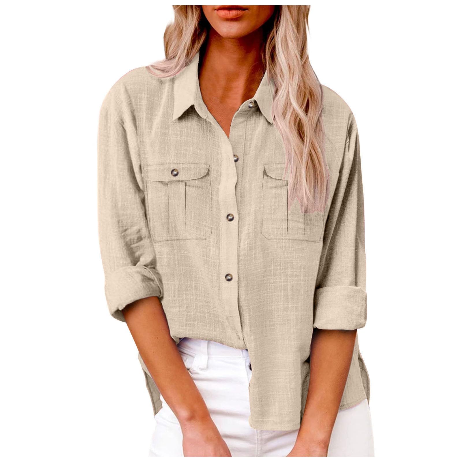 Chemises en gaze de lin pour femme 2026 tendance décontractée à manches longues boutonnées en mousseline d'été solide et ample, tunique en lin et coton pour femme, col léger, fendue sur le côté