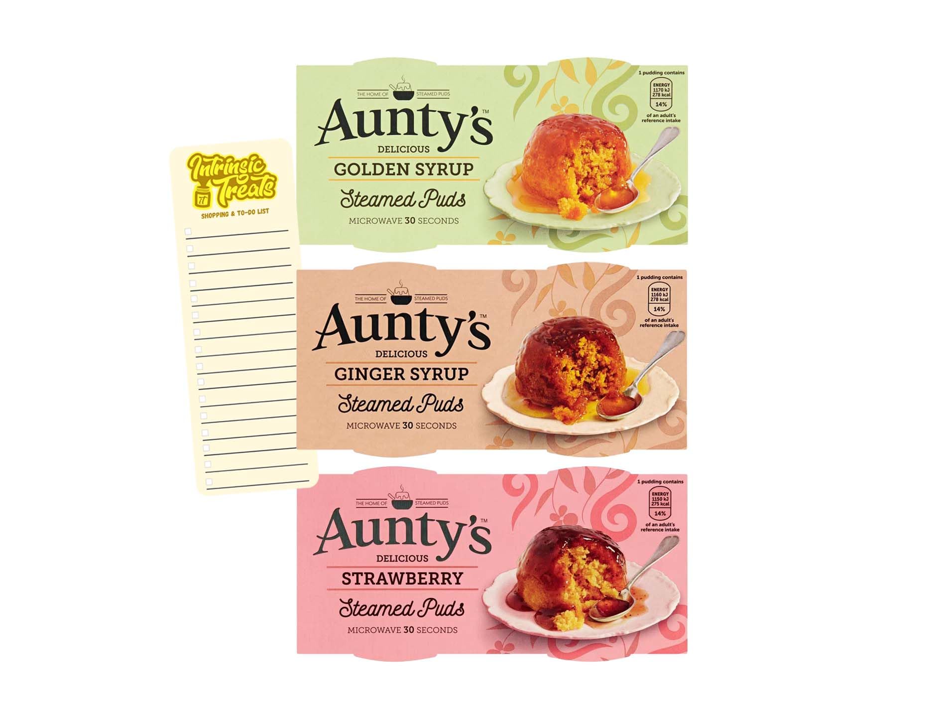 Sponge Pudding Bundle with Auntys Golden Syrup, Ginger Syrup and Strawberry Steamed Puddings (3 Twin Packs of 2 x 95g) with Intrinsic Treats Shopping List Card