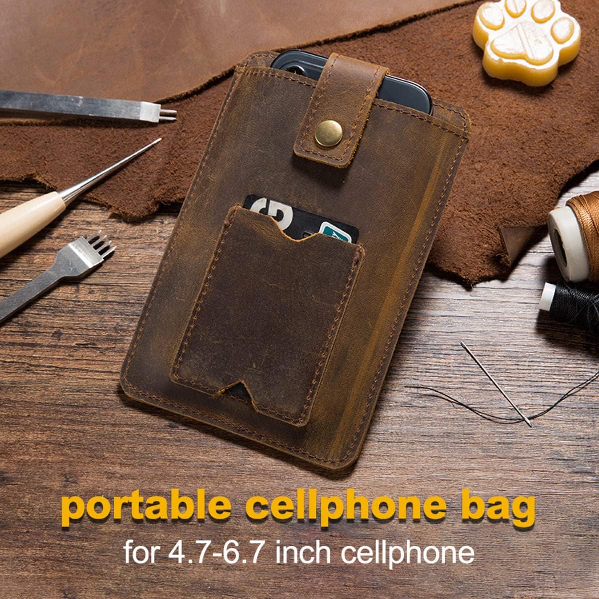 Mobile Phone Waist Bag Carrying Holster with Card Slot & Belt Loop, Men Genuine Leather Belt Case Outdoor Travel Pouch for iPhone 13 Pro Max/13/12 Pro Max/11/11 Pro max/XR/XS Max/Huawei P50/P40 Pro L