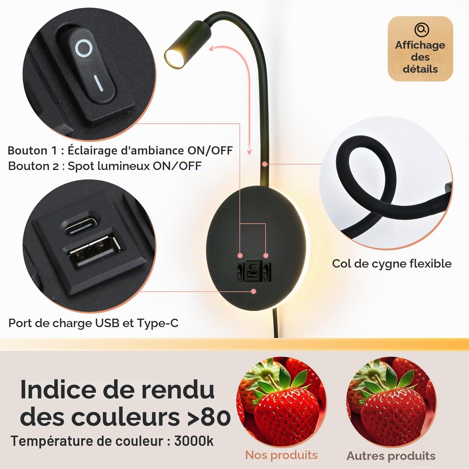 Lampe de Lecture Murale avec Port de Charge USB & USB-C et Prise, Lampe de Lit LED avec Éclairage Ambiant, Lampe de Lecture Murale Flexible, Lampe Murale avec Prise(Noir)