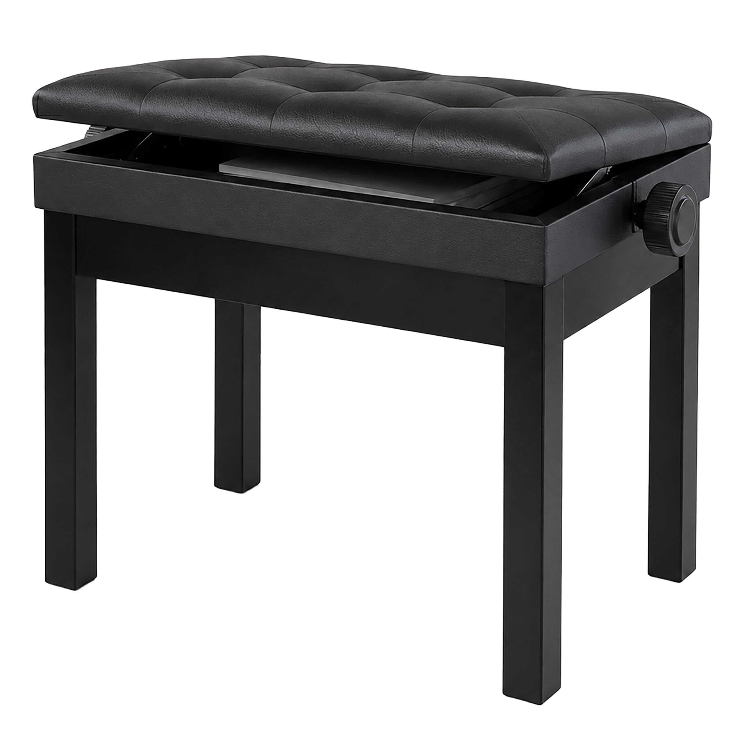 Relaxdays Klavierhocker, höhenverstellbar, schwarz | HxBxT: 48–58 x 55 x 33 cm, mit Stauraum, Holz, Kunstleder, Pianobank