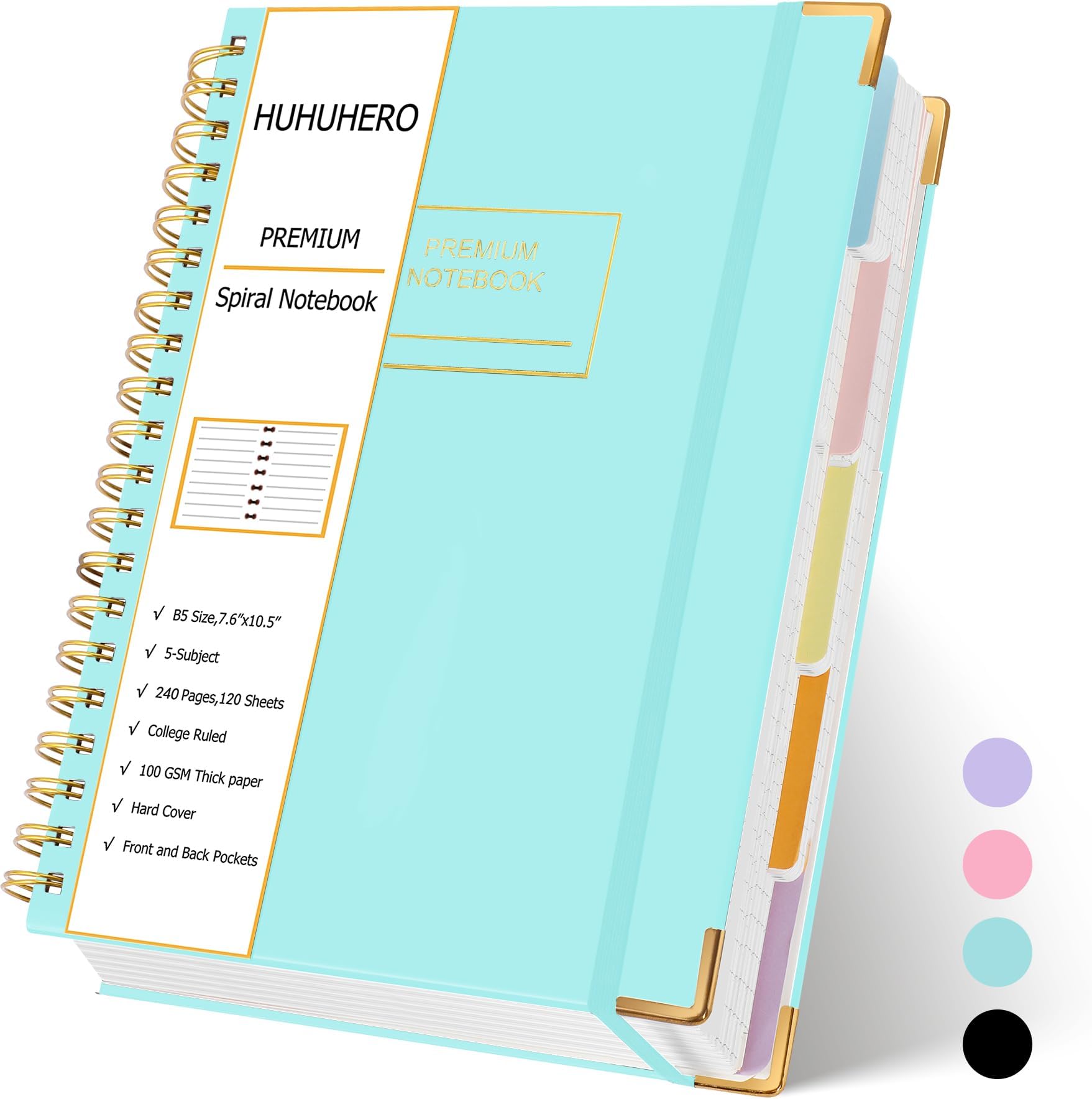 Huhuhero Lined Spiral Notebook Journal, 5 Subject Notebook with Dividers, 7.6" x 10.5", 240 Pages Hardcover Journals for Women Men Writing Work Note Taking, Office School Supplies (Green)