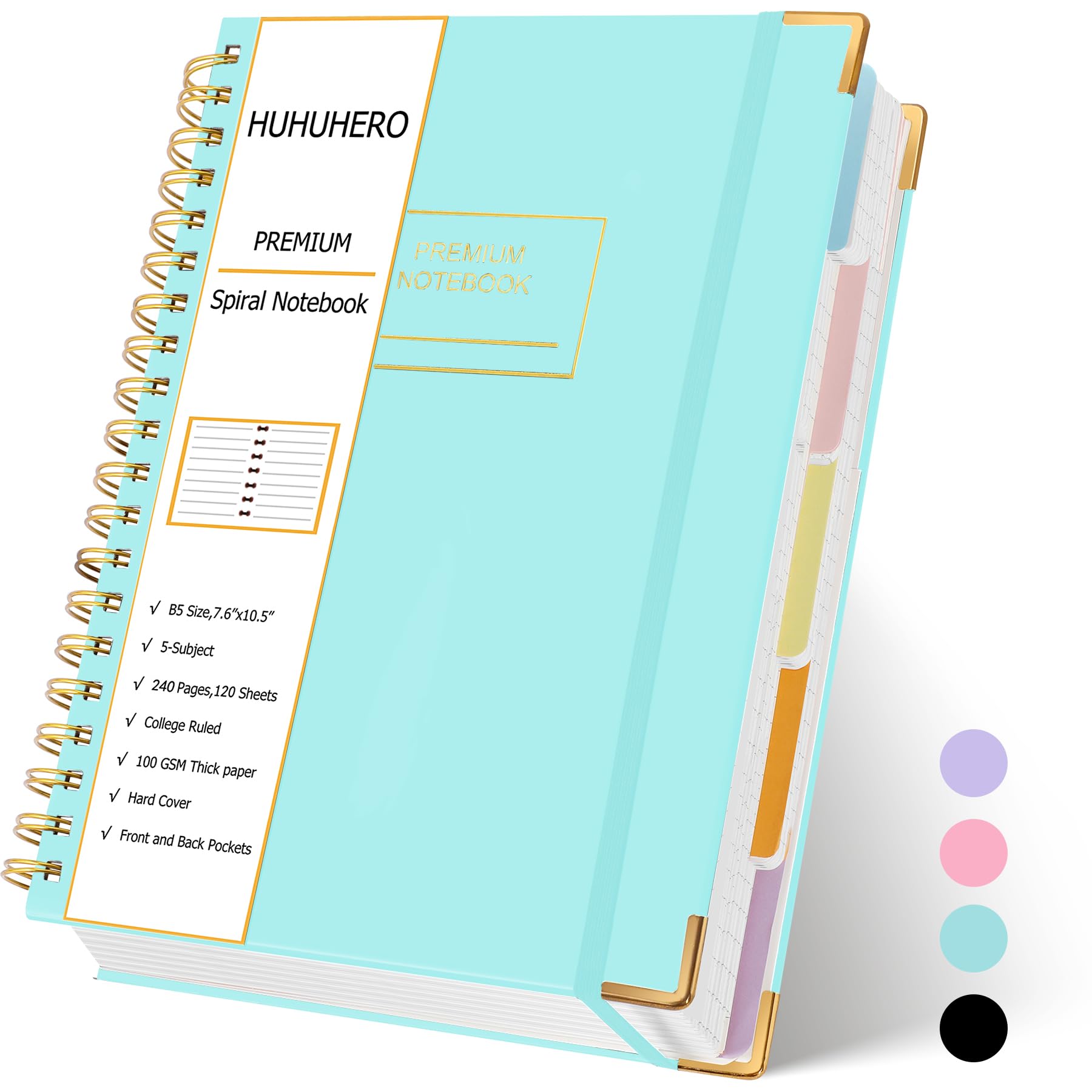 Huhuhero Lined Spiral Notebook Journal, 5 Subject Notebook with Dividers, 7.6" x 10.5", 240 Pages Hardcover Journals for Women Men Writing Work Note Taking, Office School Supplies (Green)